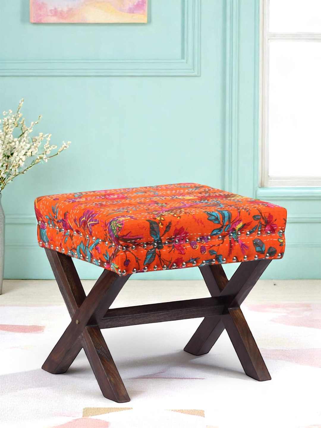 Ikiriya Sheesham Wood Mid Century Rectangle Ottoman In Bird Print Orange Kantha Upholstery