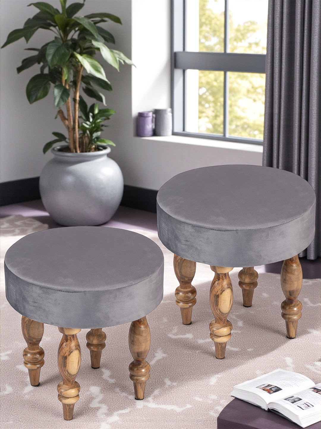 Ikiriya Sheesham Wood Contemporary Round Set Of 2 Stools In Iron Grey Velvet Upholstery