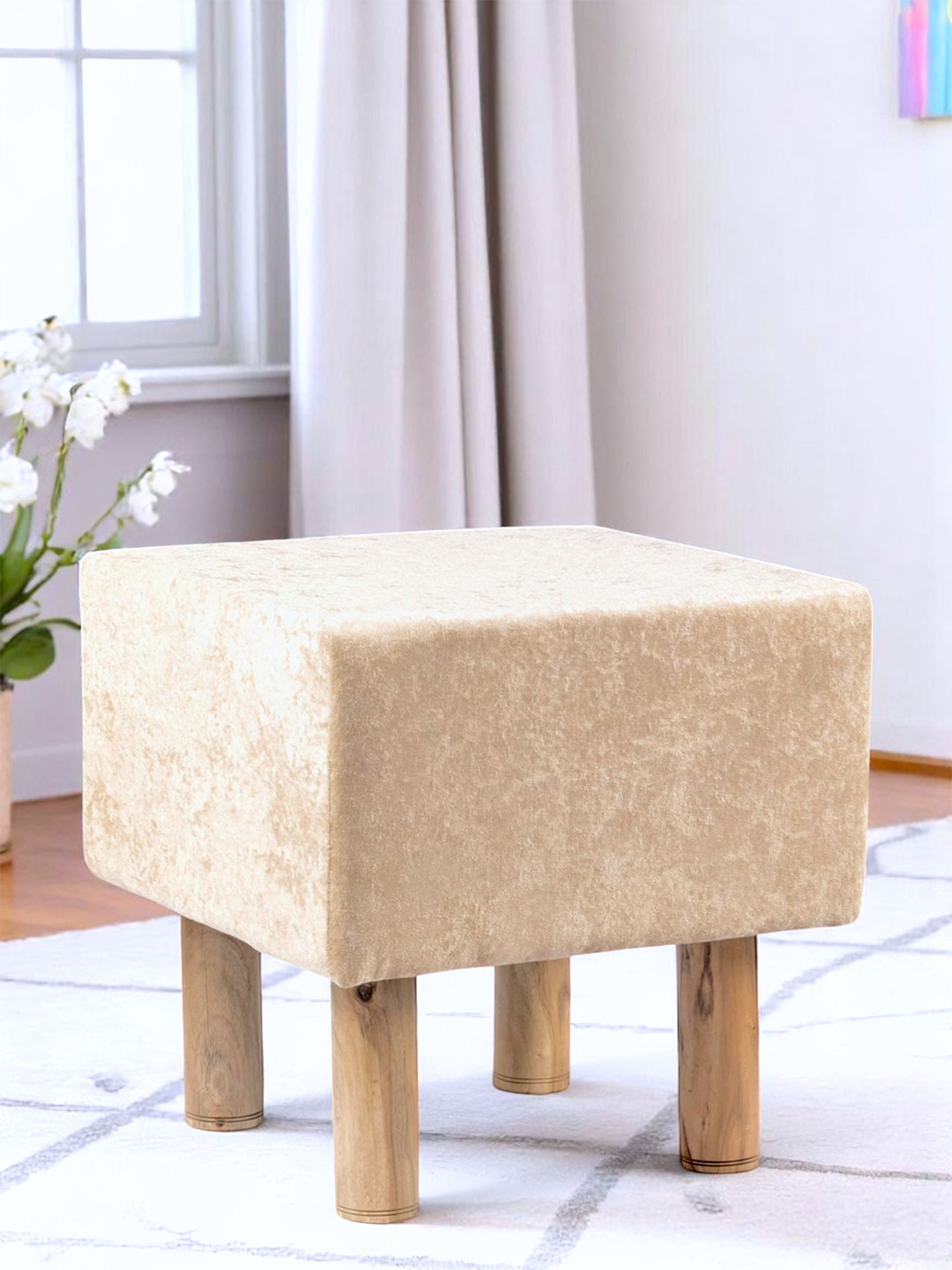 Ikiriya Verona Acacia Wood Accent Square Pouf Stool In Beige Sparkle Velvet Upholstery