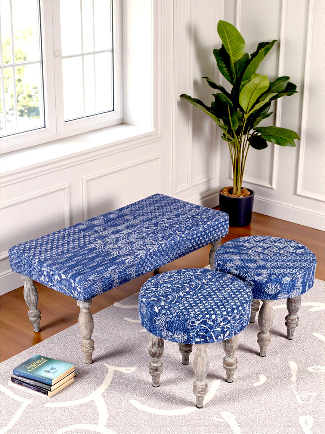 Ikiriya Rosewood 2+1+1 Seater Bench Set With 2 Stools In Indigo Patchwork Kantha