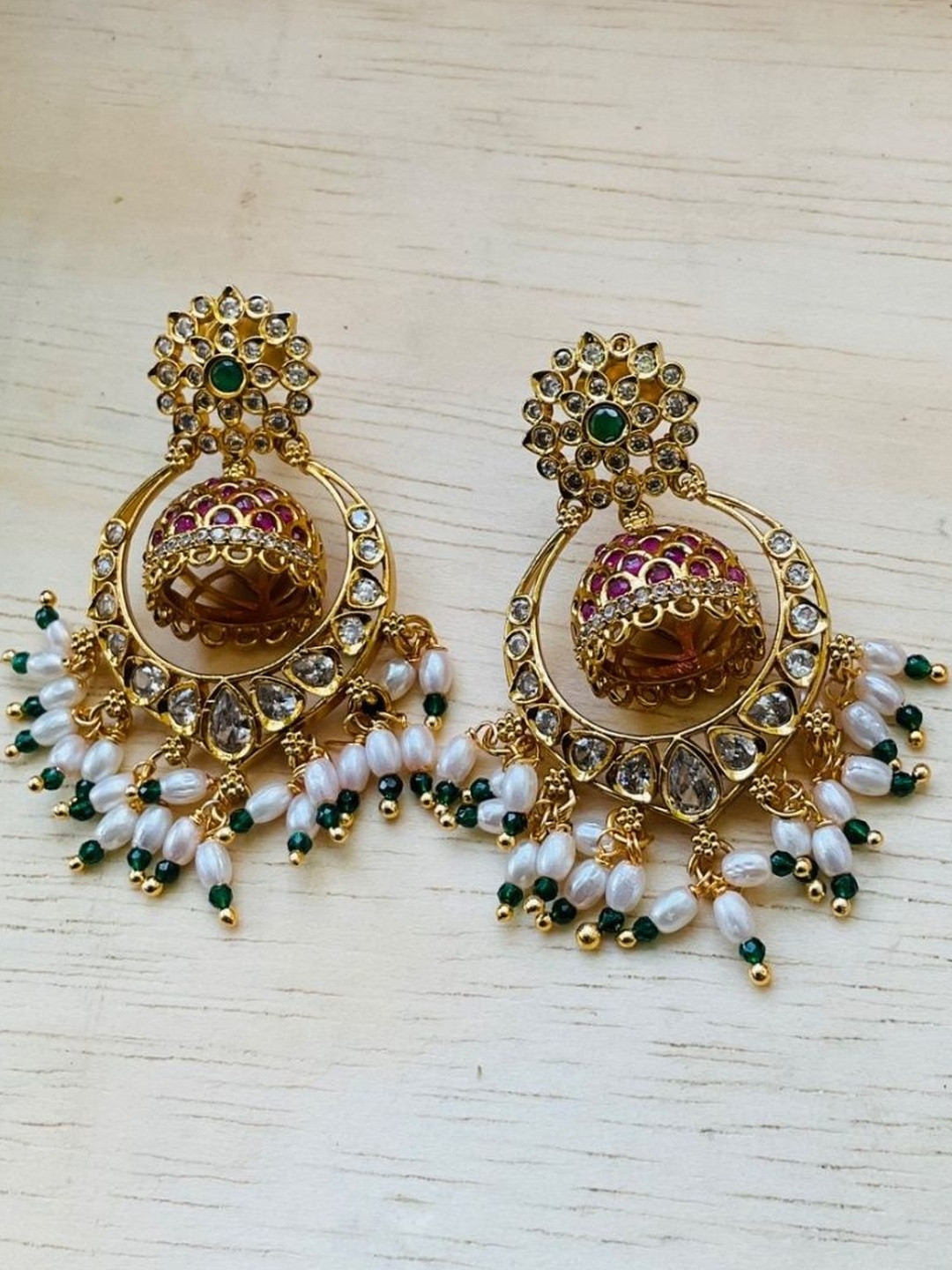 Ajrang Gold-Plated Artificial Stones Studded & Beaded Crescent Shaped Butta Chandbalis