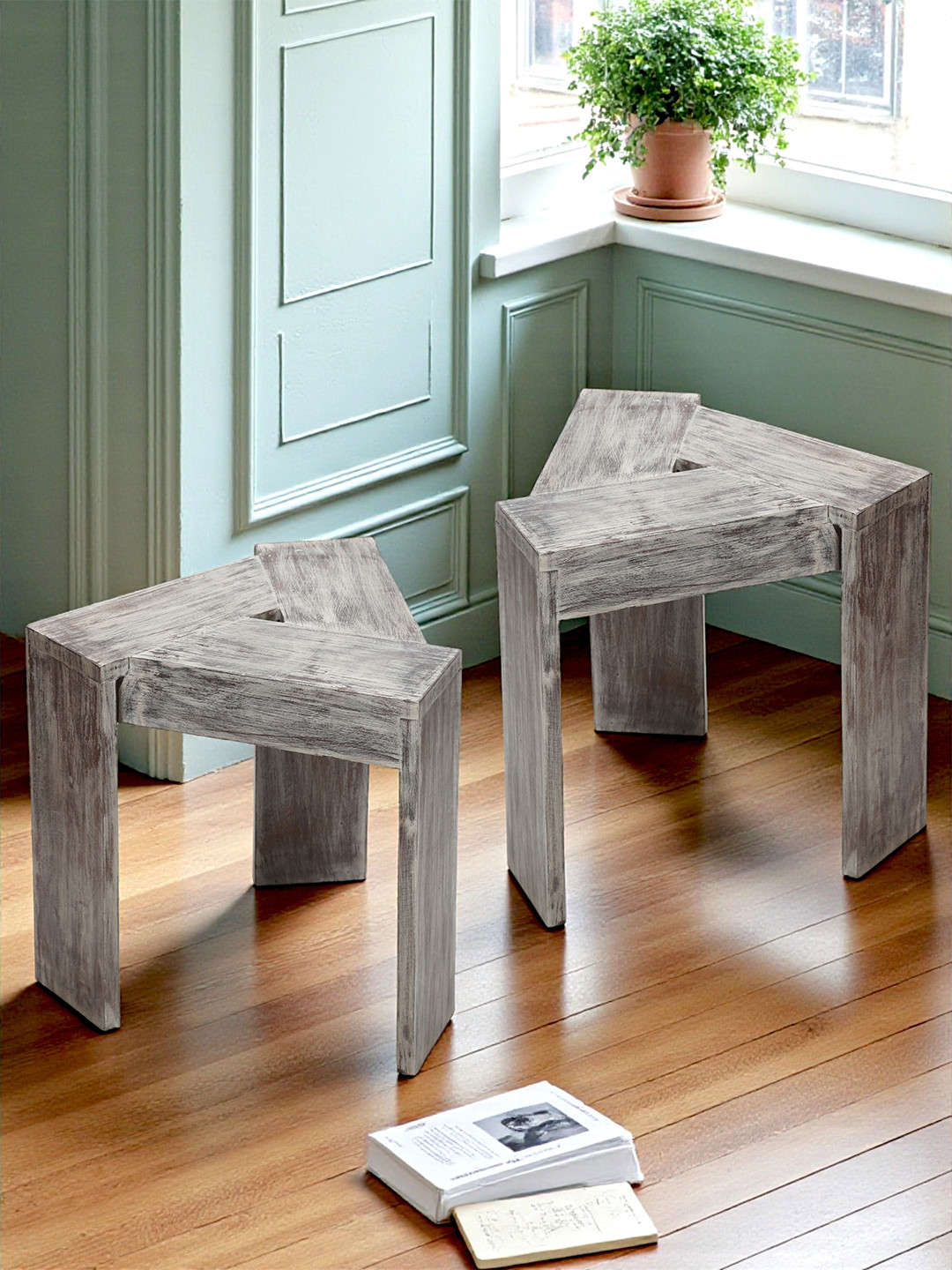 Ikiriya Sheesham Wood Triangle Set Of 2 Sidetable / End Table In Antique Grey Finish