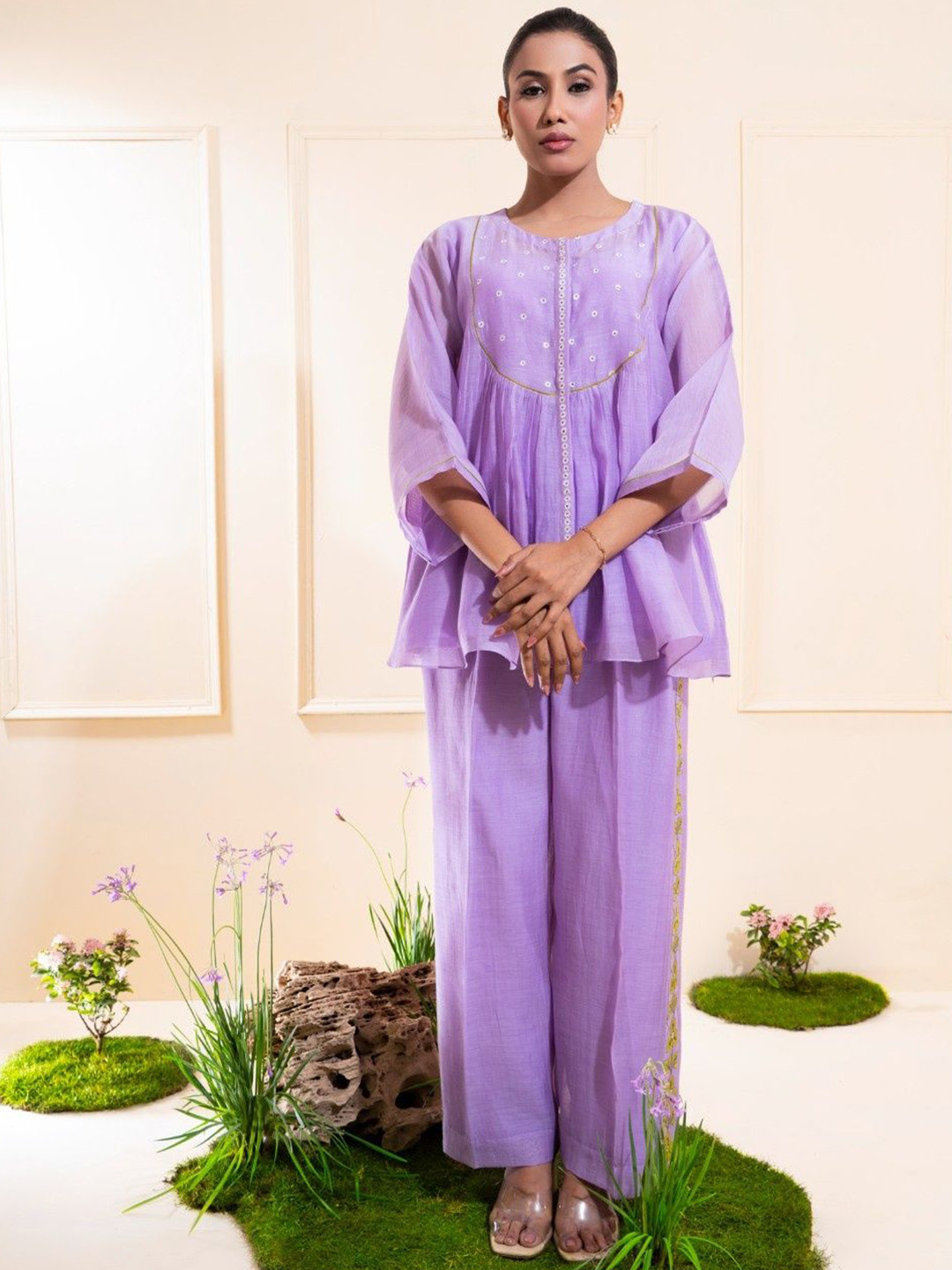 The White Tree Studio Floral Printed Round Neck Top With Trousers