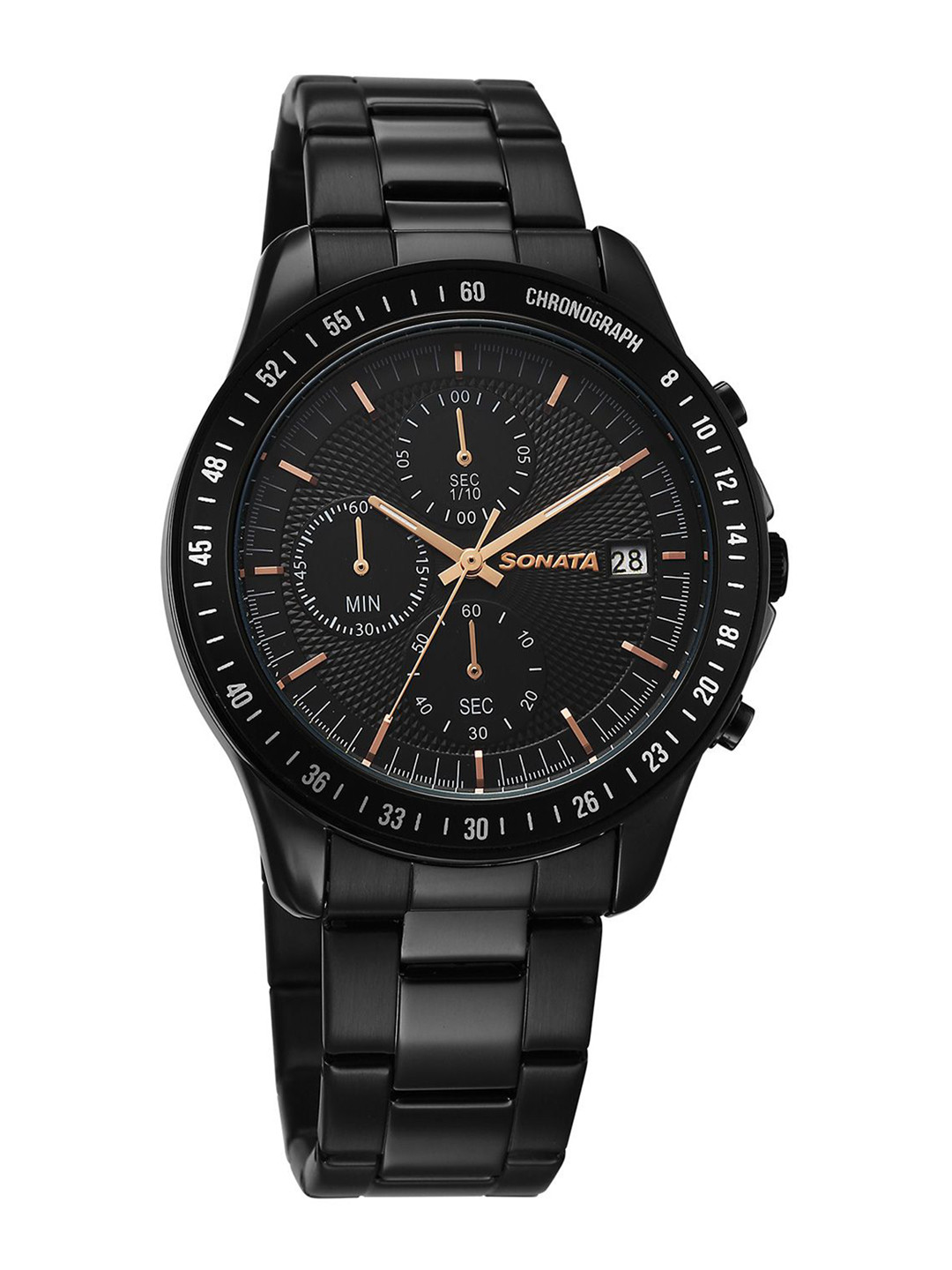 Sonata Chronos Men Quartz Black Round Dial Watch - 77187NM01