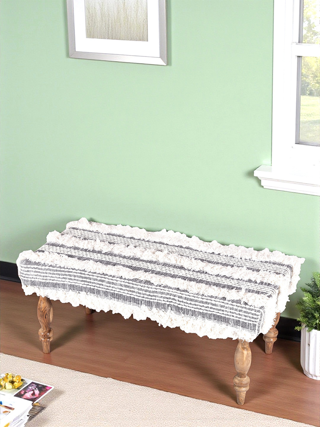 Ikiriya Bestone Sheesham Wood Mid Century 2 Seater Bench In Grey Fabric With Fringes