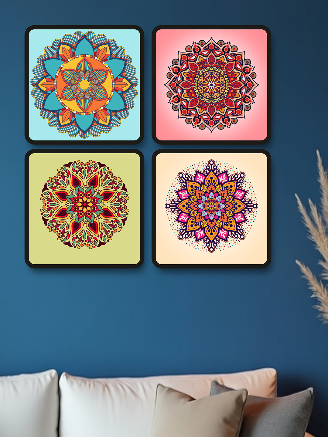 SAF Red & Blue 4 Pieces Mandala Theme Painting Wall Art
