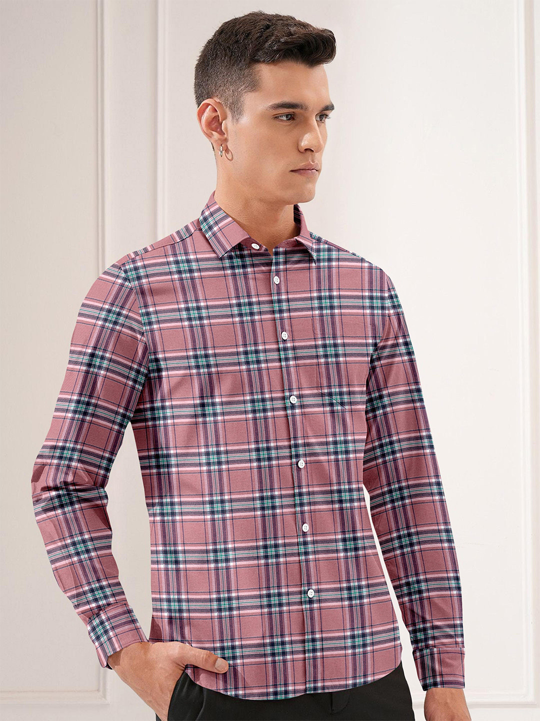 JICOTT Men Tartan Checked Spread Collar Casual Shirt