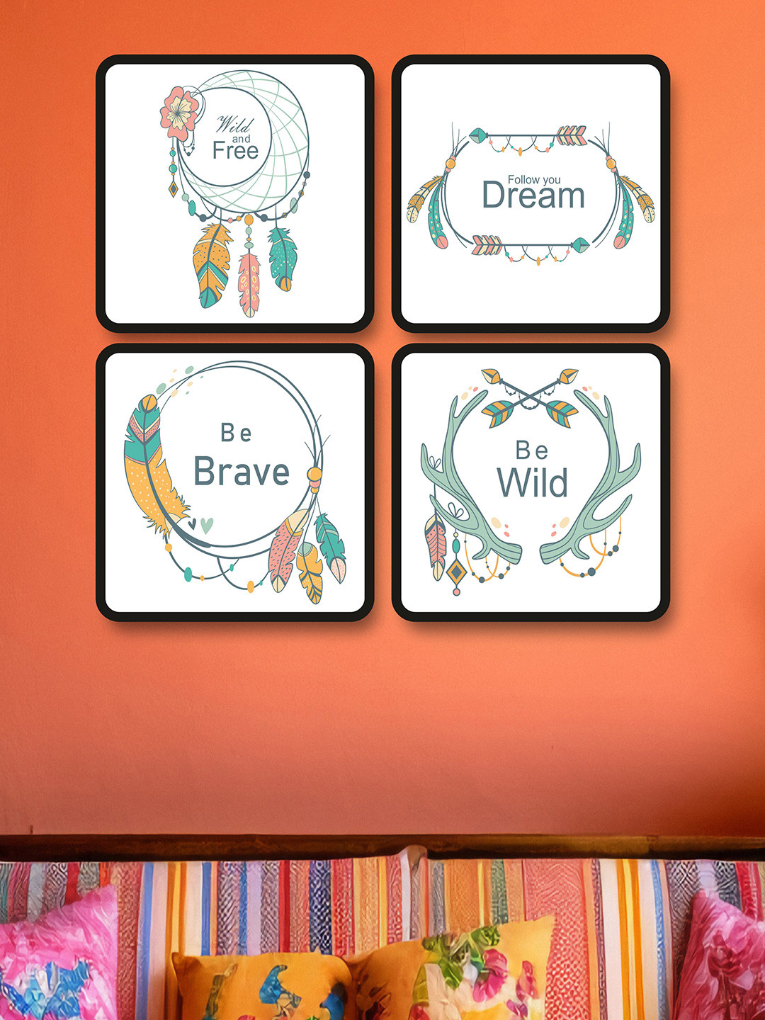 SAF White & Blue 4 Pieces Cute Animals Printed Framed Wall Arts