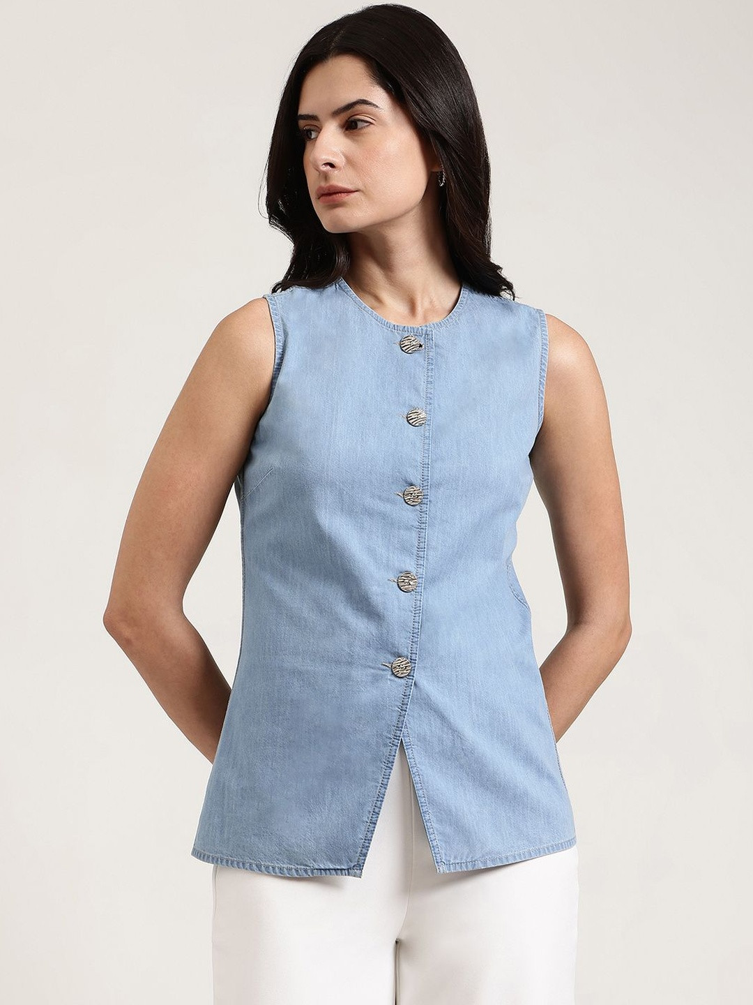 FableStreet Women Light Blue Denim Waistcoat