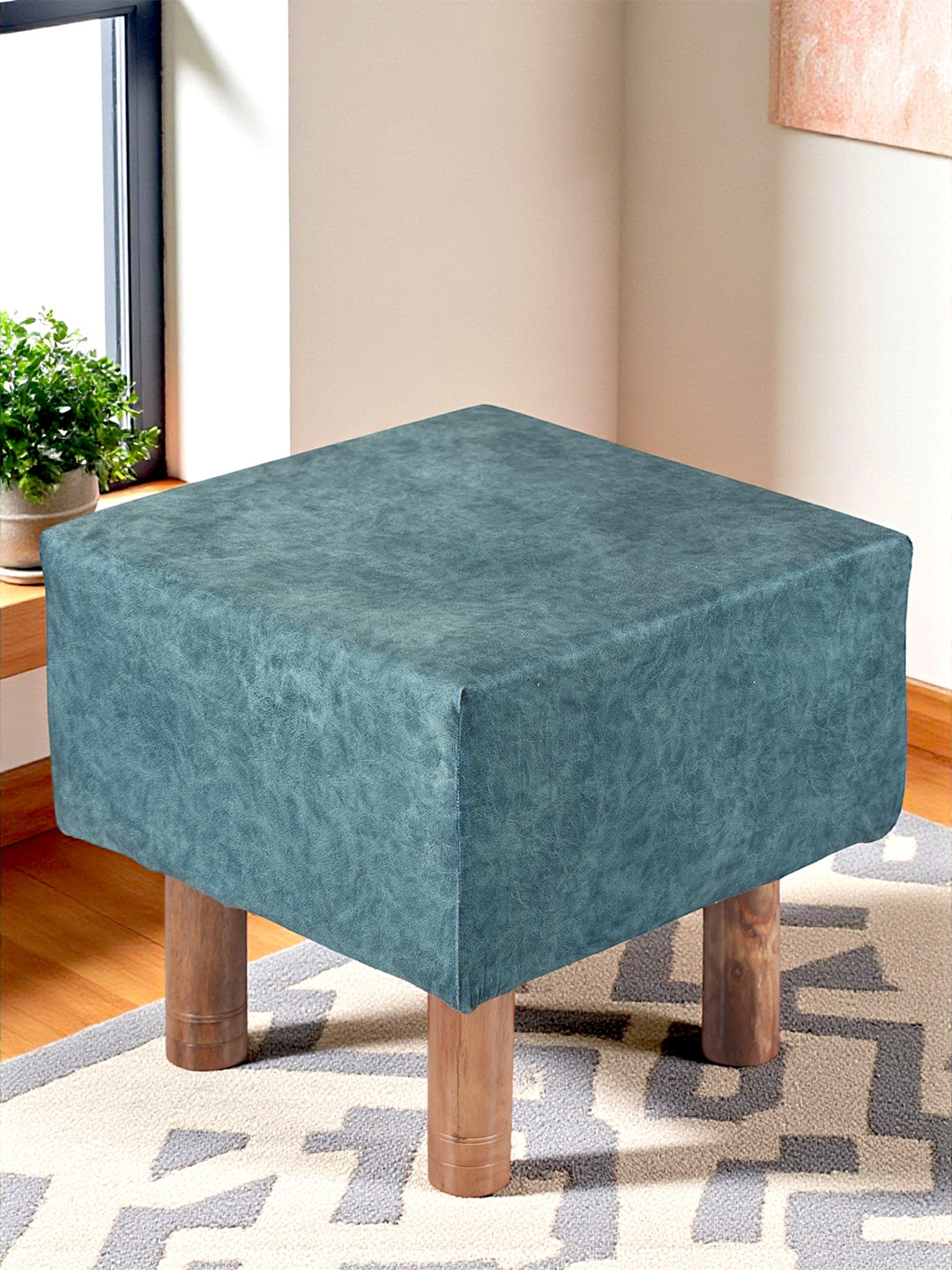 Ikiriya Acacia Wood Accent Square Pouf Stool In Blue Jacquard Work Fabric Upholstery