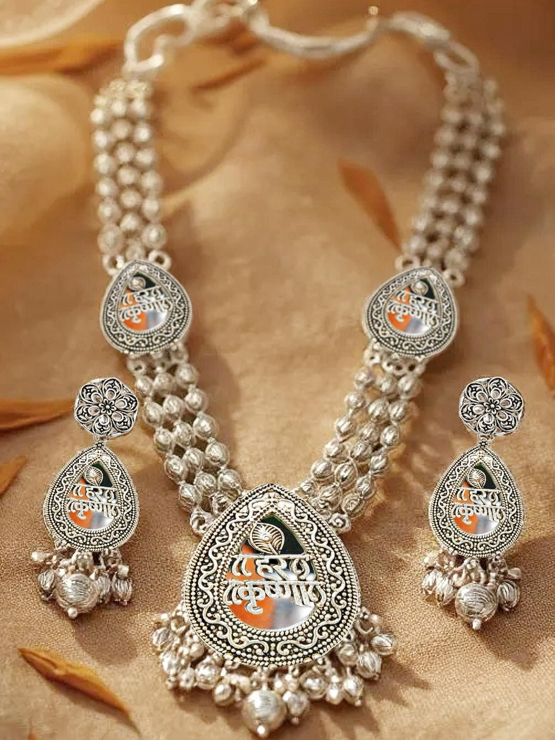 LUCKY JEWELLERY Sliver-Plated Beaded Krishna Temple Necklace With Earrings And Mangtikka