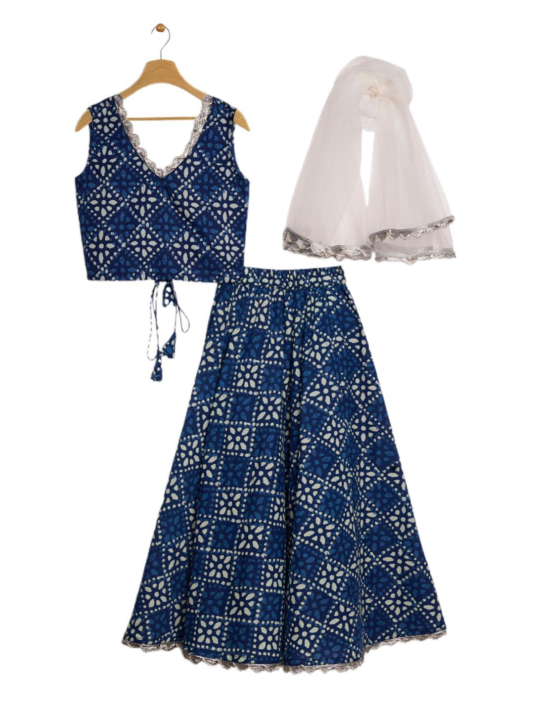 studio rasa Girls V-Neck Block Print Cotton Ready To Wear Lehenga & Blouse With Dupatta
