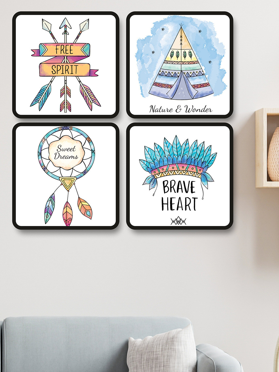 SAF Blue & White 4-Pieces Boho Theme Printed Framed Wall Art