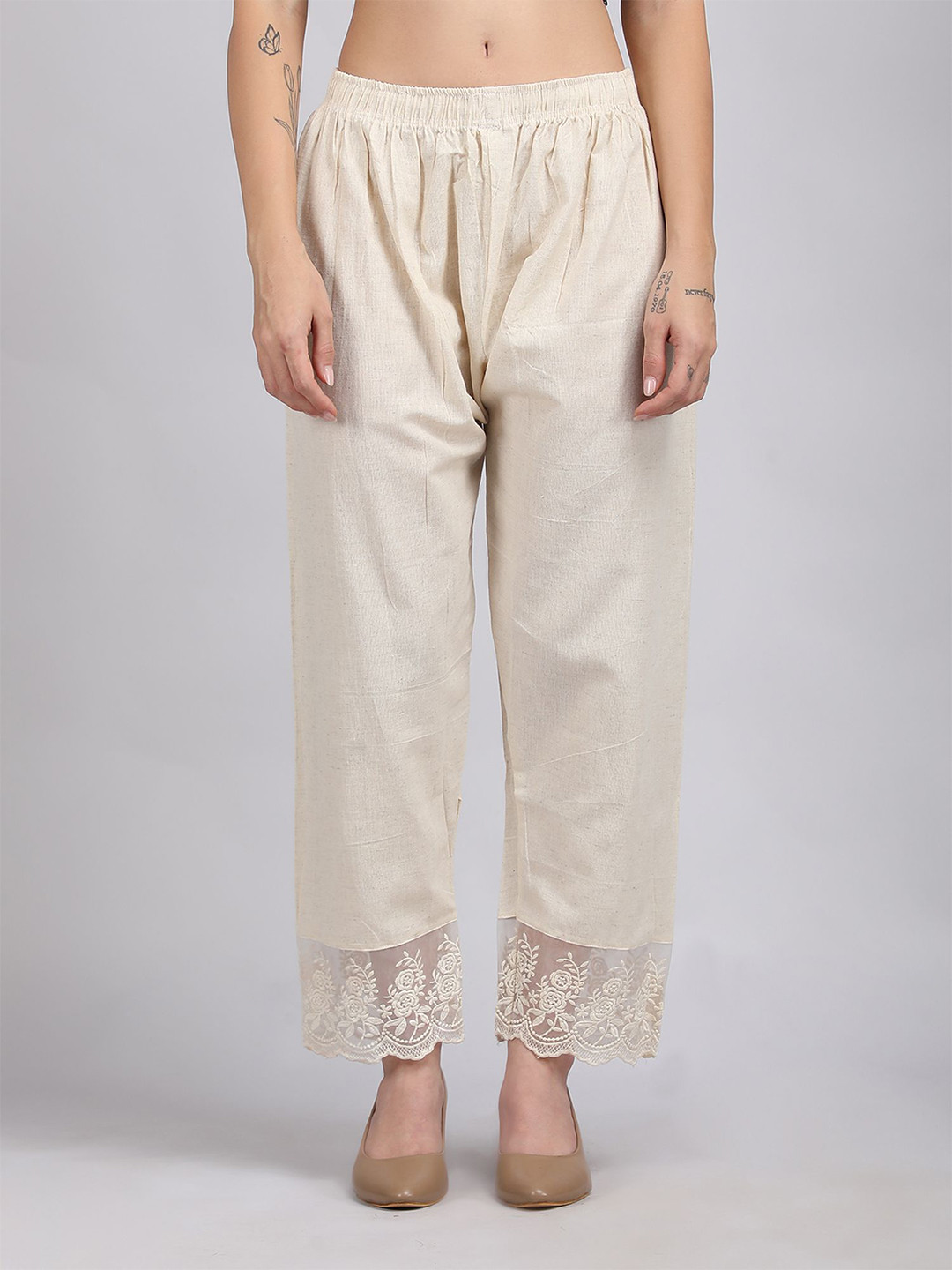 MICHAEL KOVLIN Women Floral Embroidered Lace Design Regular Fit Linen Trousers