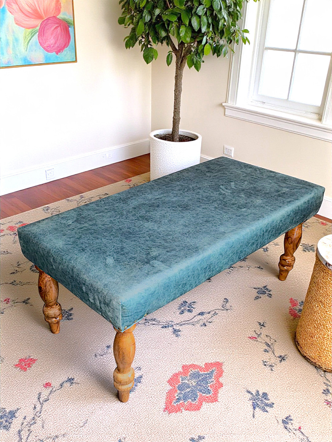 Ikiriya Bestone Sheesham Wood Accent 2 Seater Bench In Blue Jacquard Work Fabric