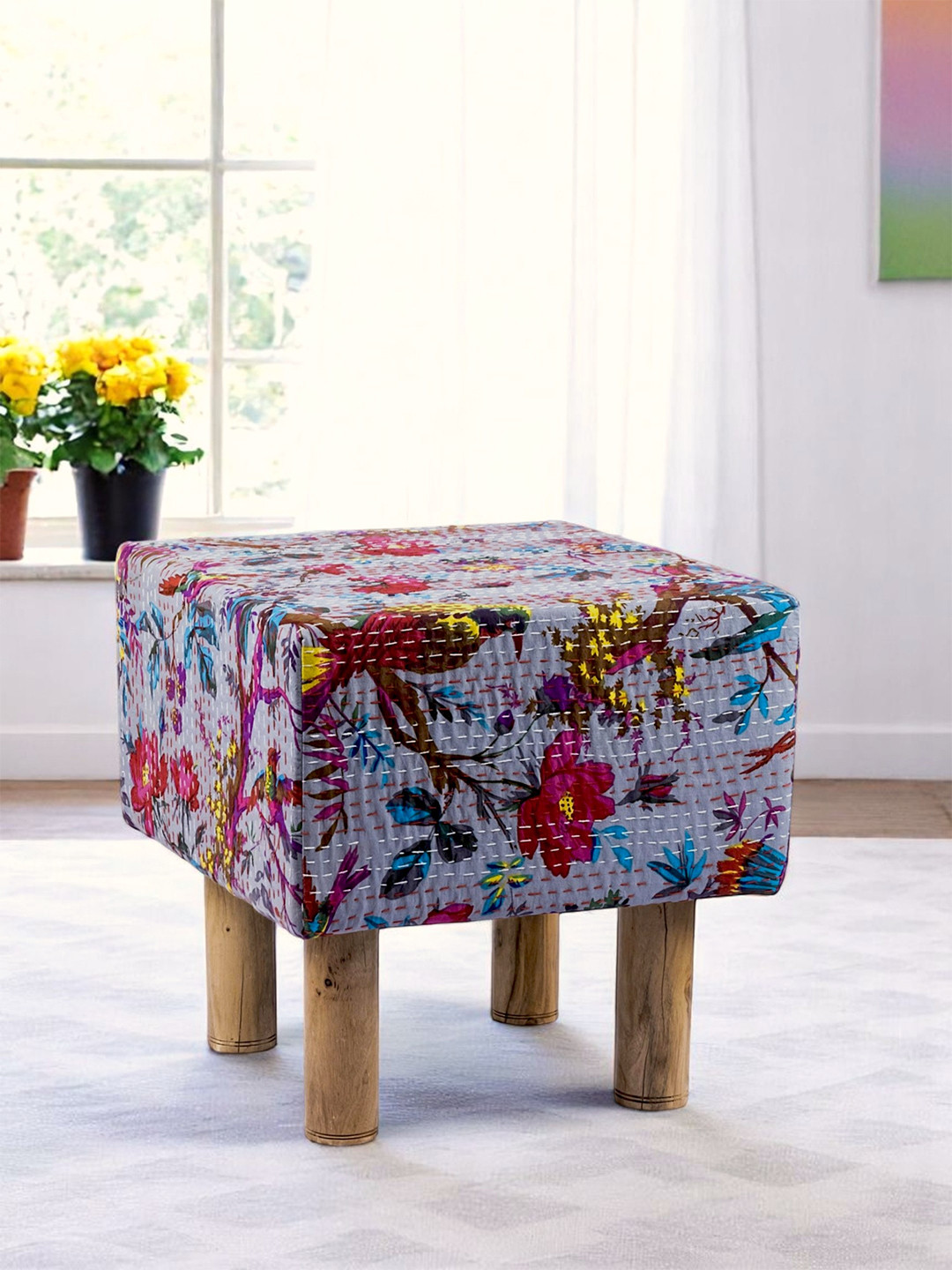 Ikiriya Acacia Wood Mid Century Square Pouf Stool In Grey Brid Print Kantha Upholstery