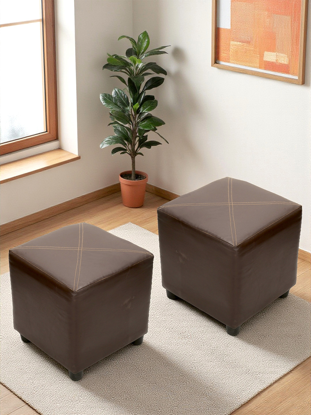 Ikiriya Solid Wood Contemporary Square Set Of 2 Pouffees In Brown Leatherite Upholstery