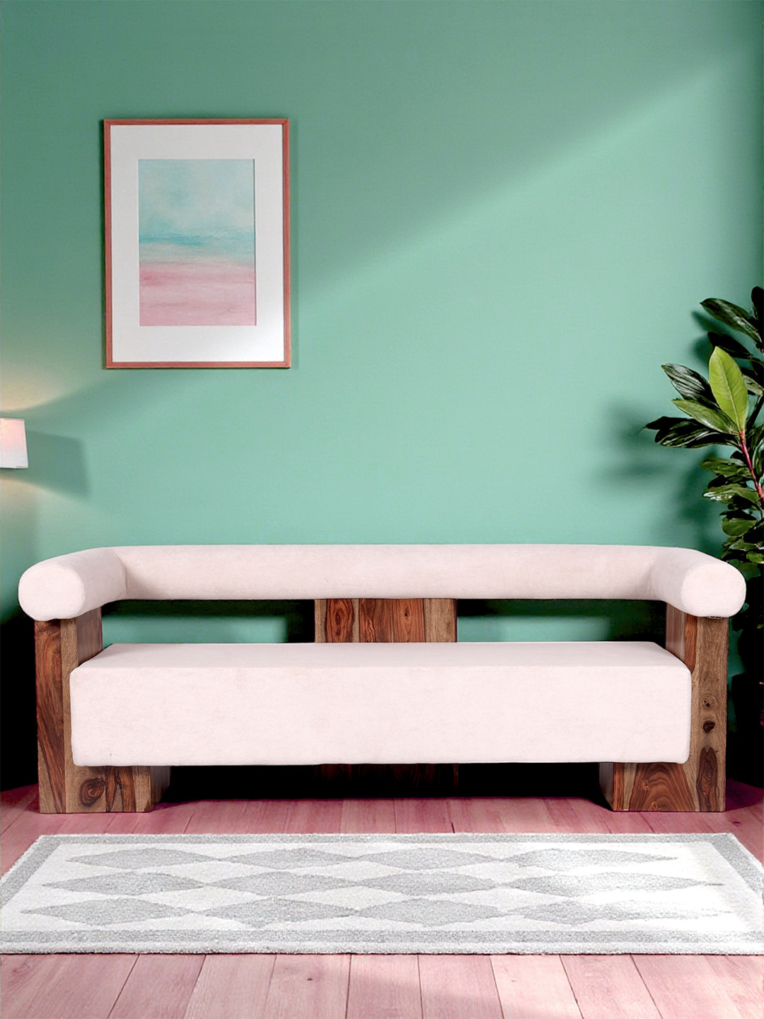 Ikiriya Solid Wood Mid Century 3 Seater Sofa In Off White Soft Boucle Fabric Upholstery