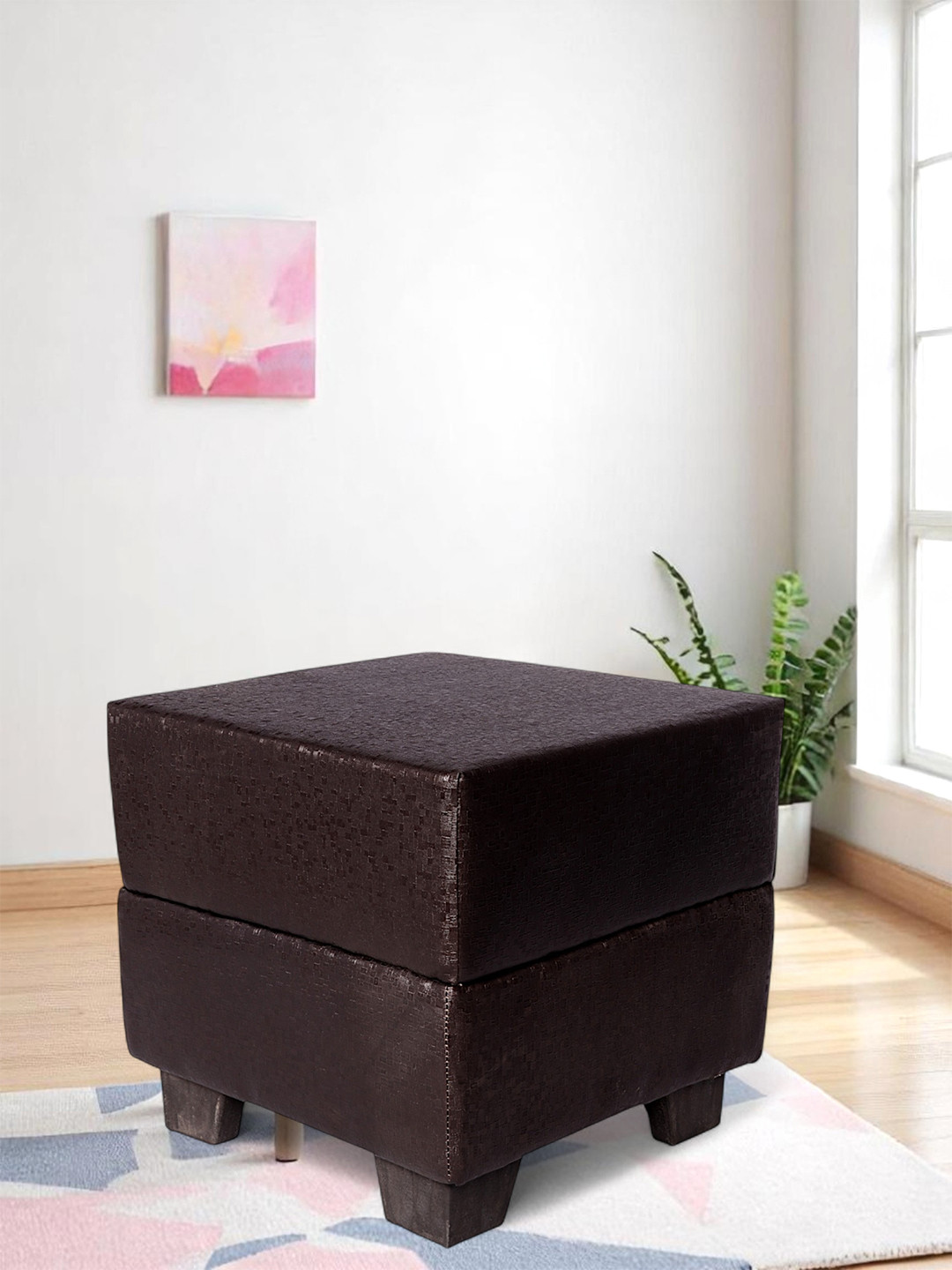 Ikiriya Iris Solid Wood Ottoman Pouffee In Brown Leatherite