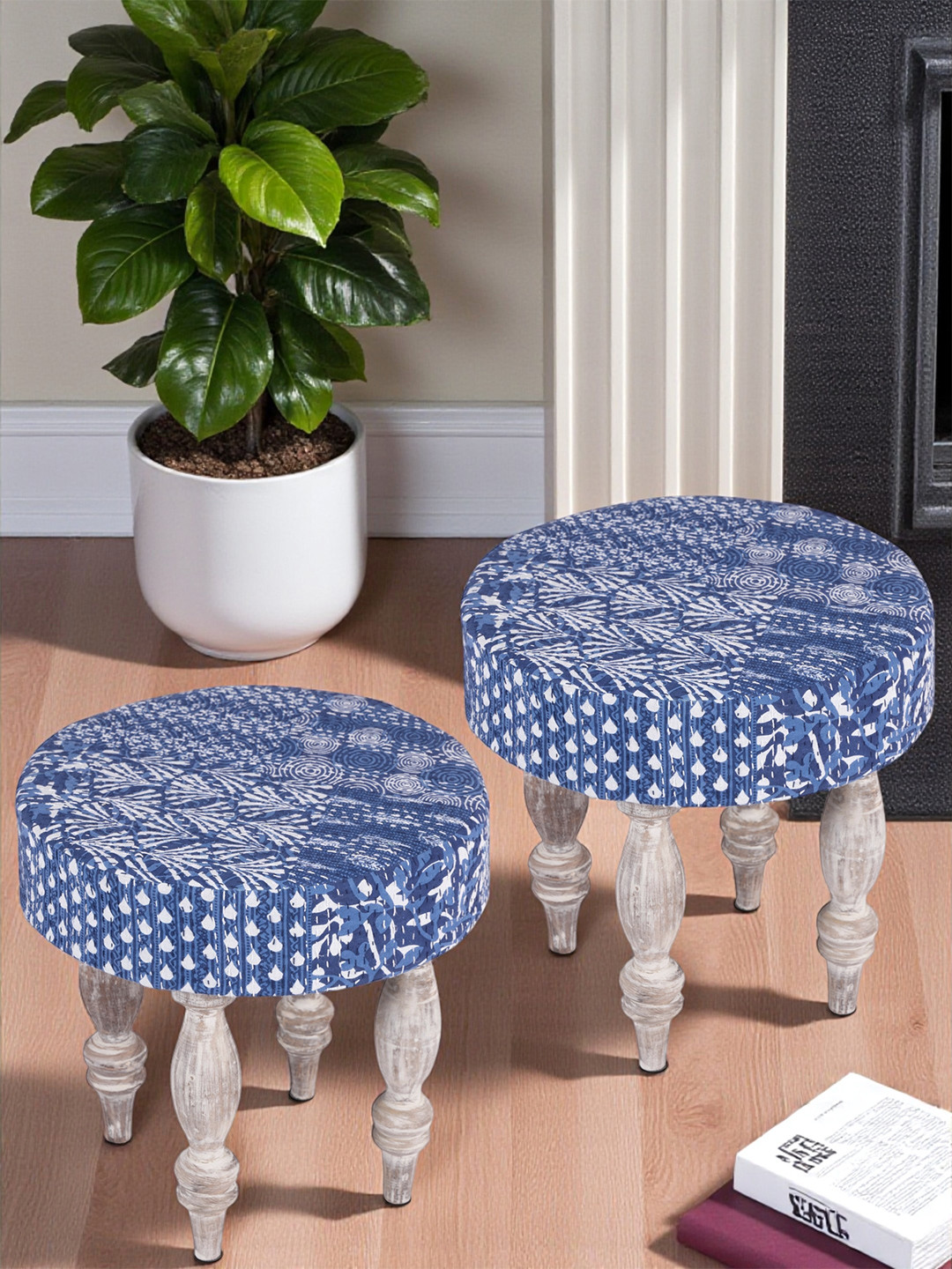 Ikiriya Sheesham Wood Mid Century Round Set Of 2 Stools In Indigo Patchwork Kantha Fabric