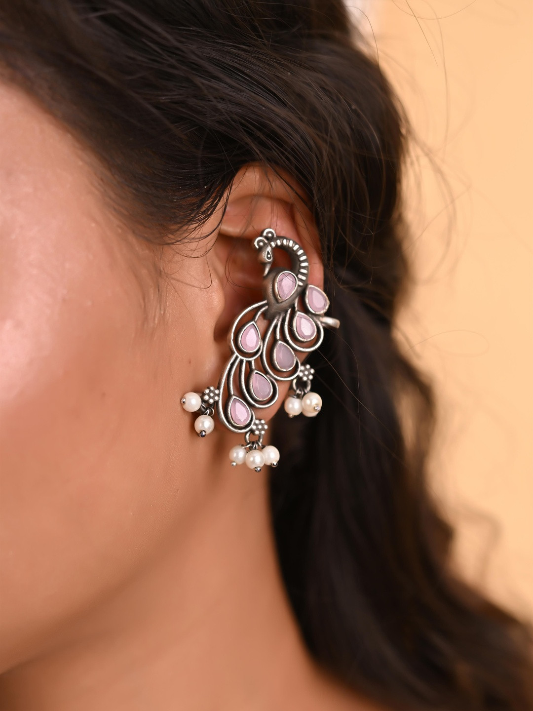 Tanusha Jewels Silver-Plated Artificial Stones Studded And Pearls Beaded Ear Cuffs