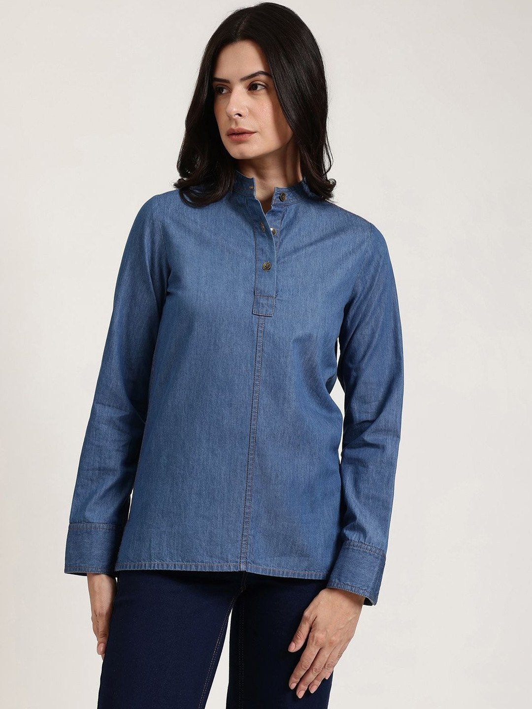 FableStreet Mandarin Collar Denim Top