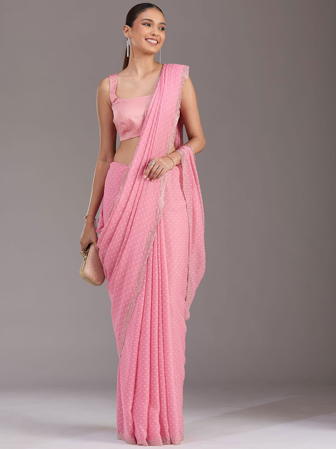 Koskii Gajari Pink Stone Work Silver Chiffon Saree