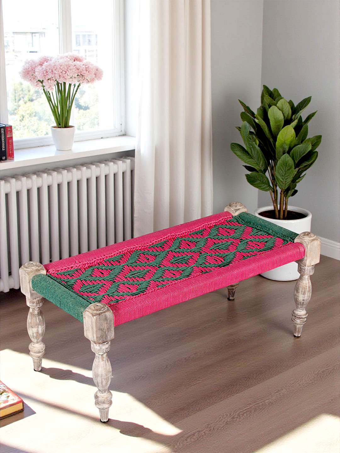 Ikiriya Oakville Sheesham Wood Vintage 2 Seater Maachi Bench In Green & Pink Rope Canning