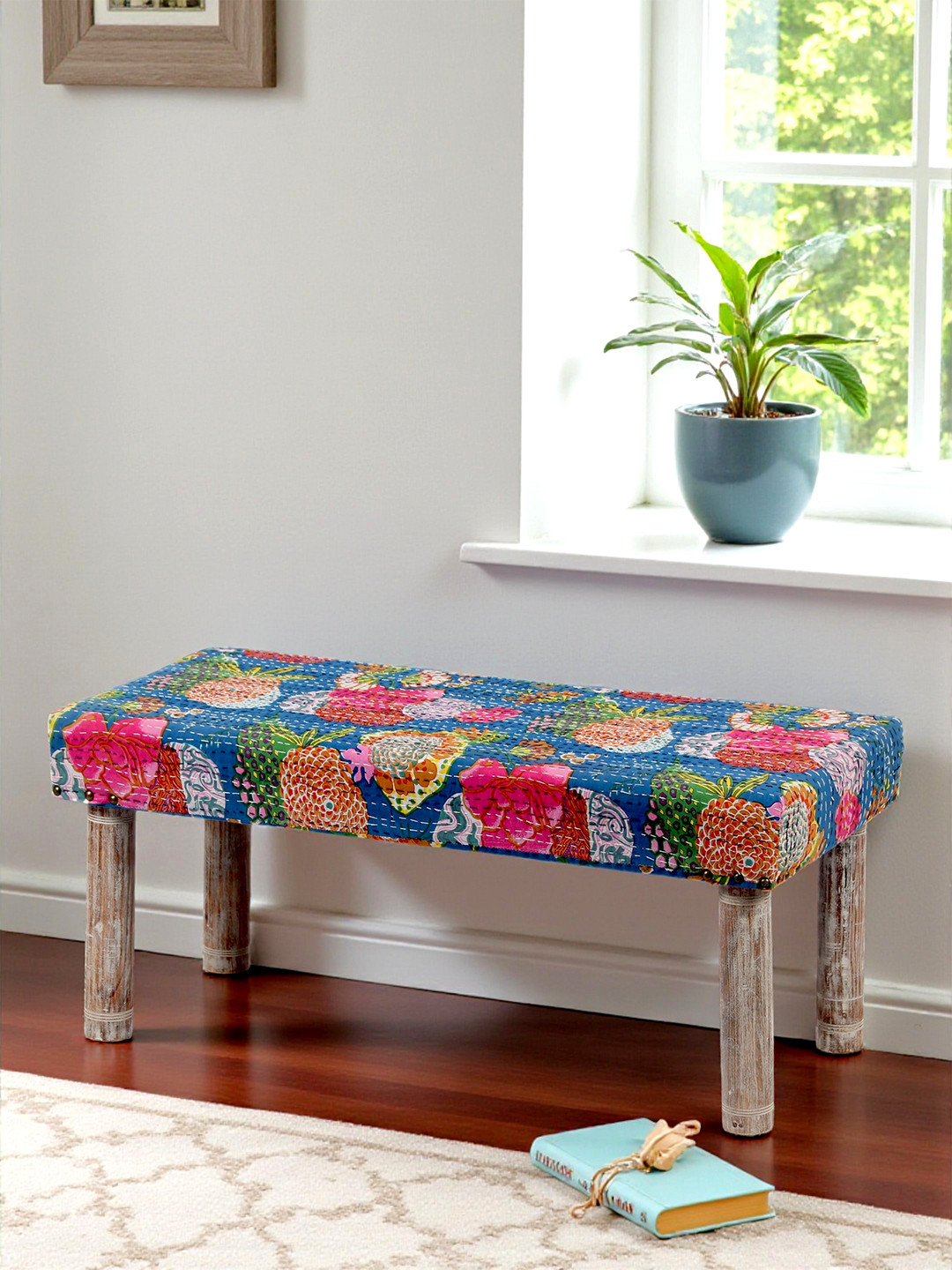 Ikiriya Camilla Sheesham Wood Mid Century 2 Seater Bench In Fruit Print Blue Kantha