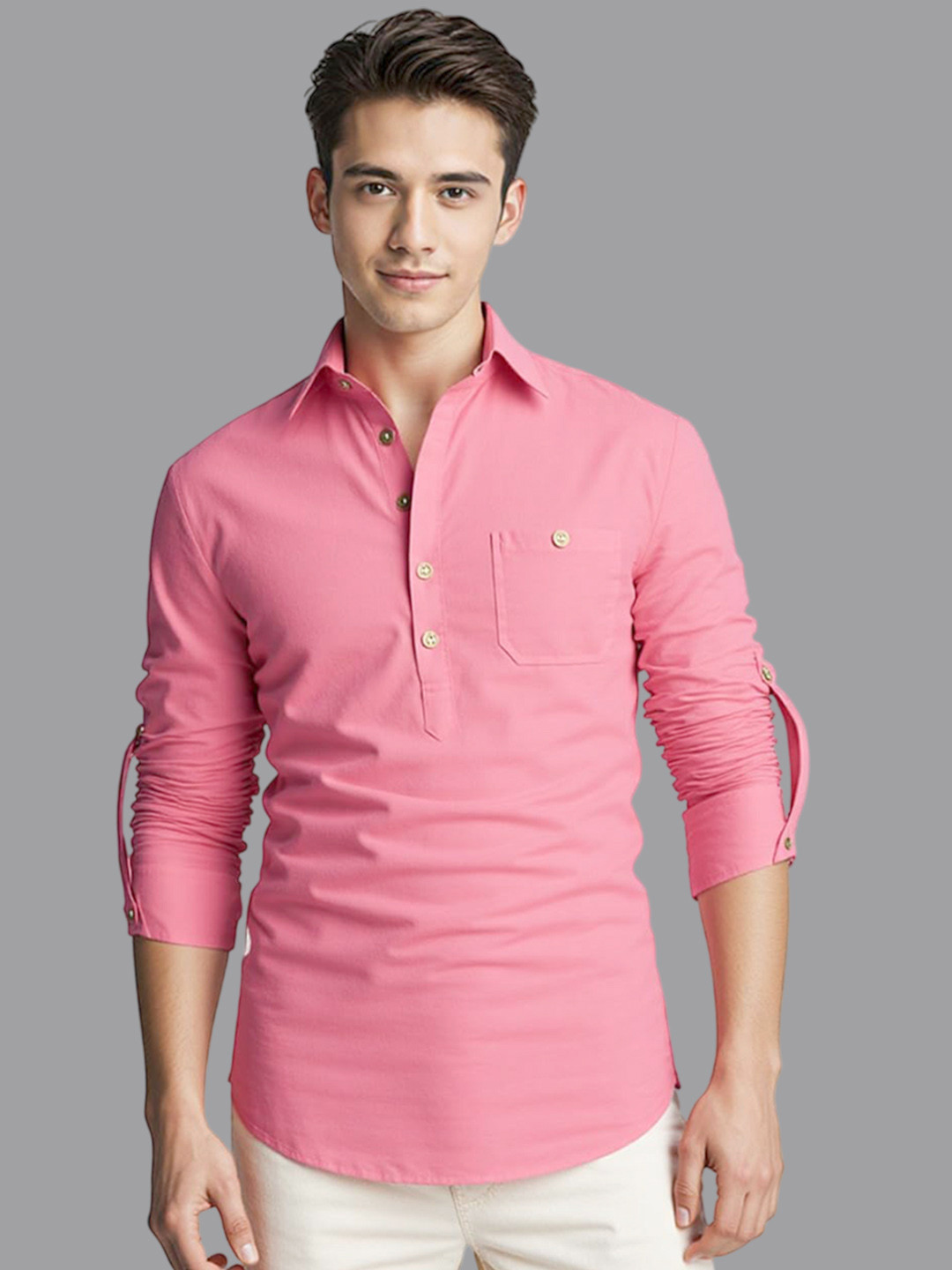 univibe Men Solid Mandarin Collar Full Sleeve Above Knee Kurta