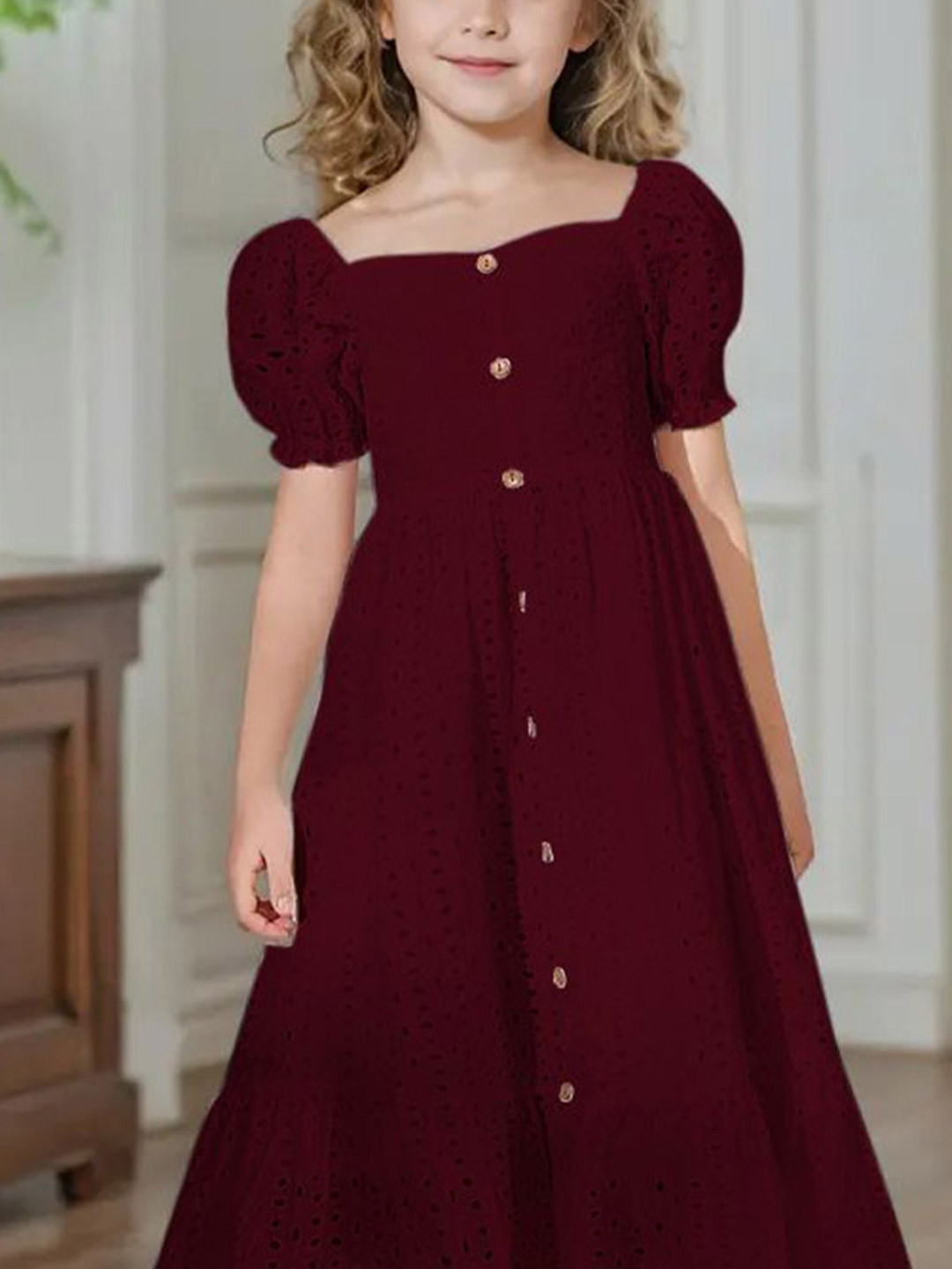 BAESD Girls Solid Floral Schiffli Square Neck Puff Sleeve Midi Dress