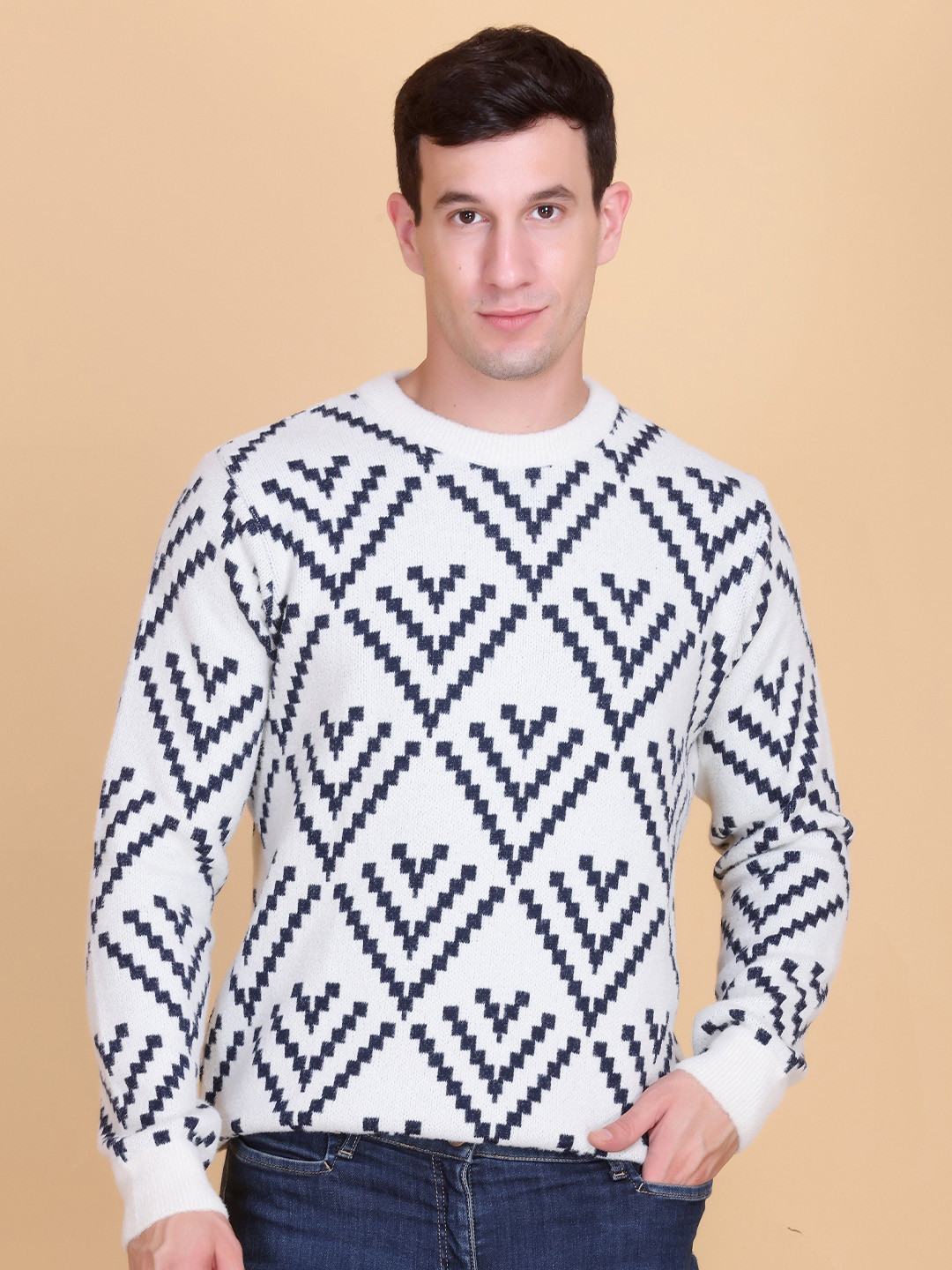 CLAPTON Men Printed Color Block Woollen Pullover