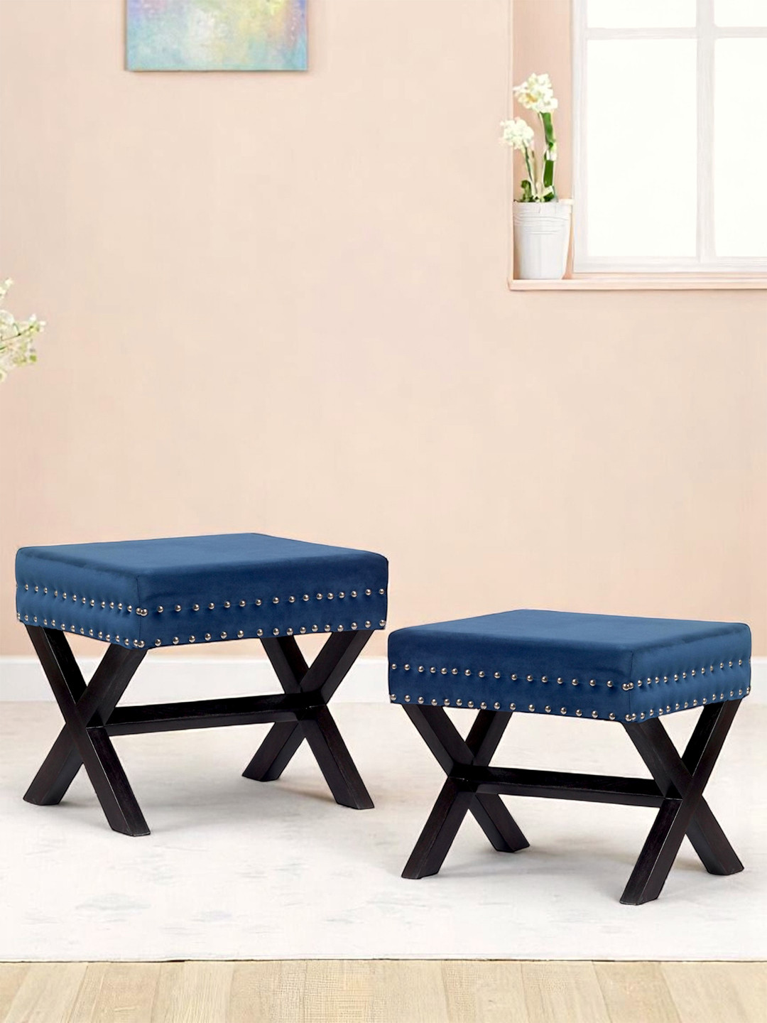 Ikiriya Sheesham Wood Accent Rectangle Set Of 2 Ottomans In Navy Blue Velvet Upholstery