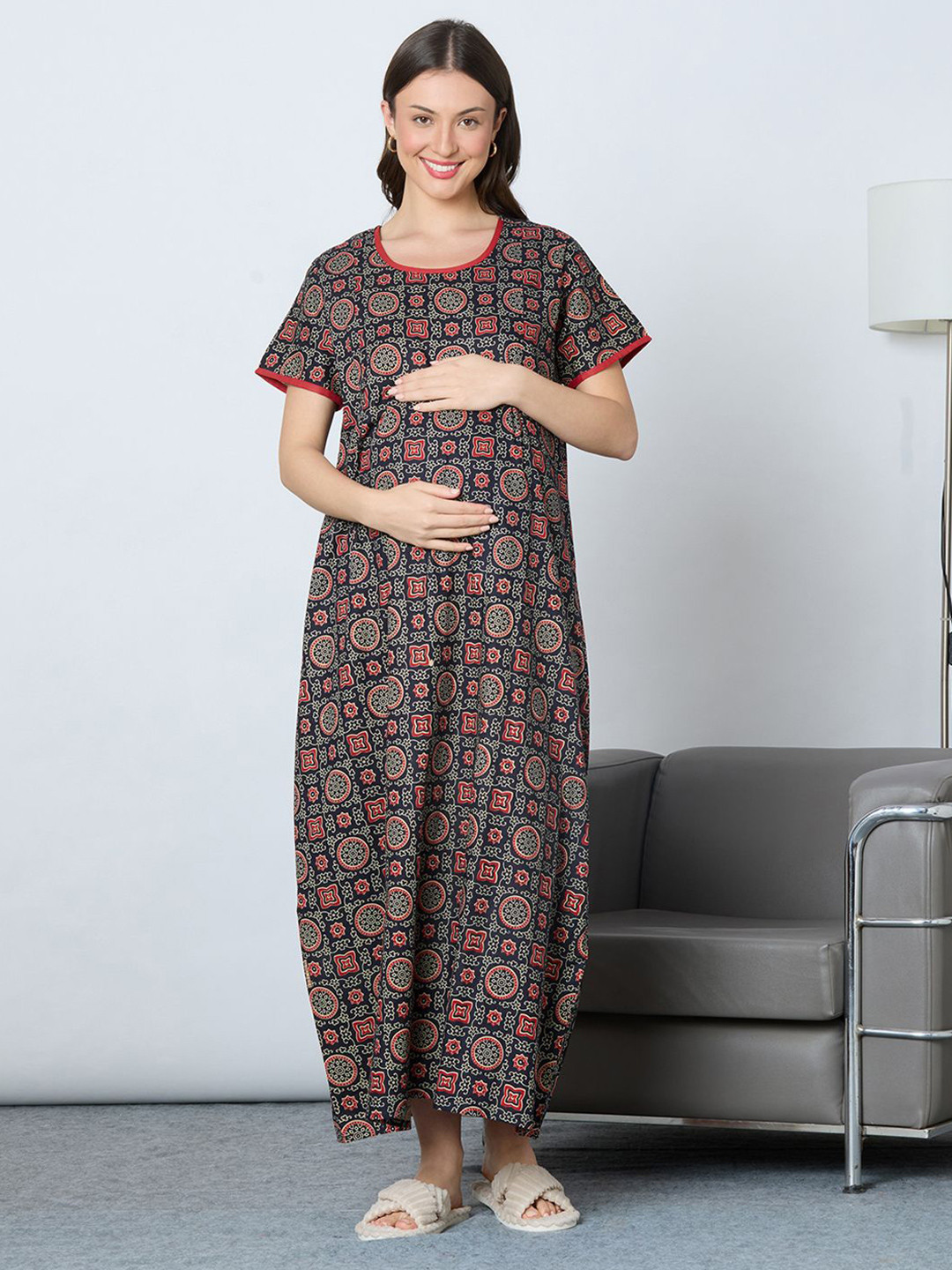 MomToBe Women Cotton Navy Blue Feeding Nighty