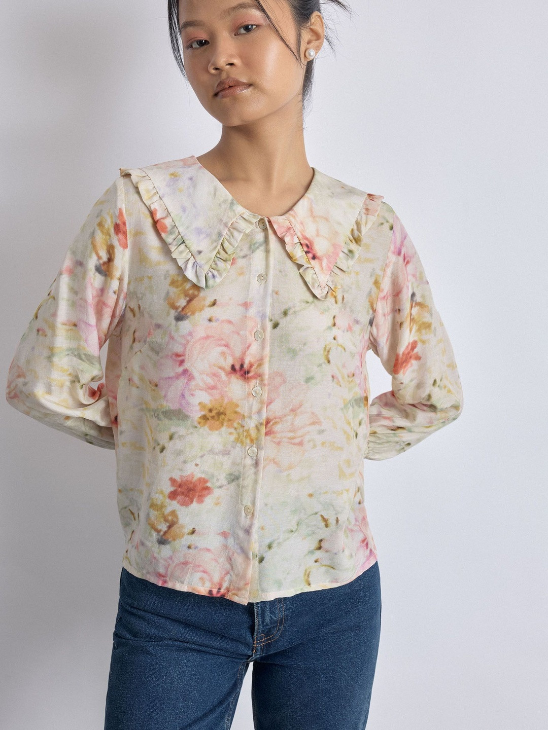 The Label Life Women Spring Floral Ruffle Collar Shirt