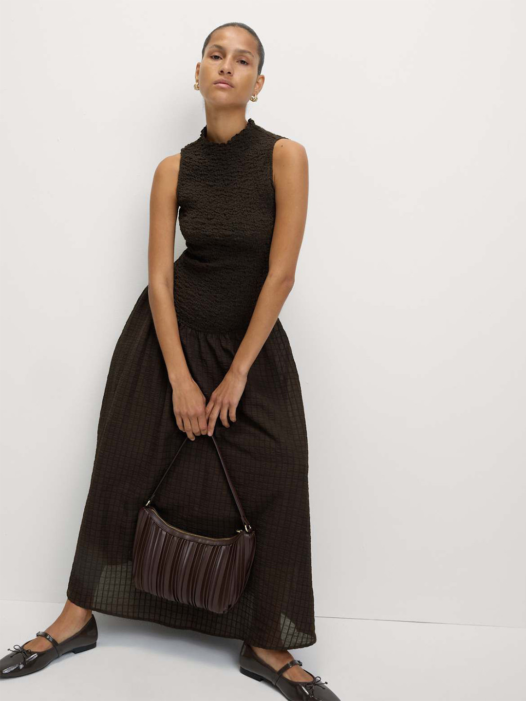 Marks & Spencer Women Self Design Mock Neck Smocked Maxi Dress