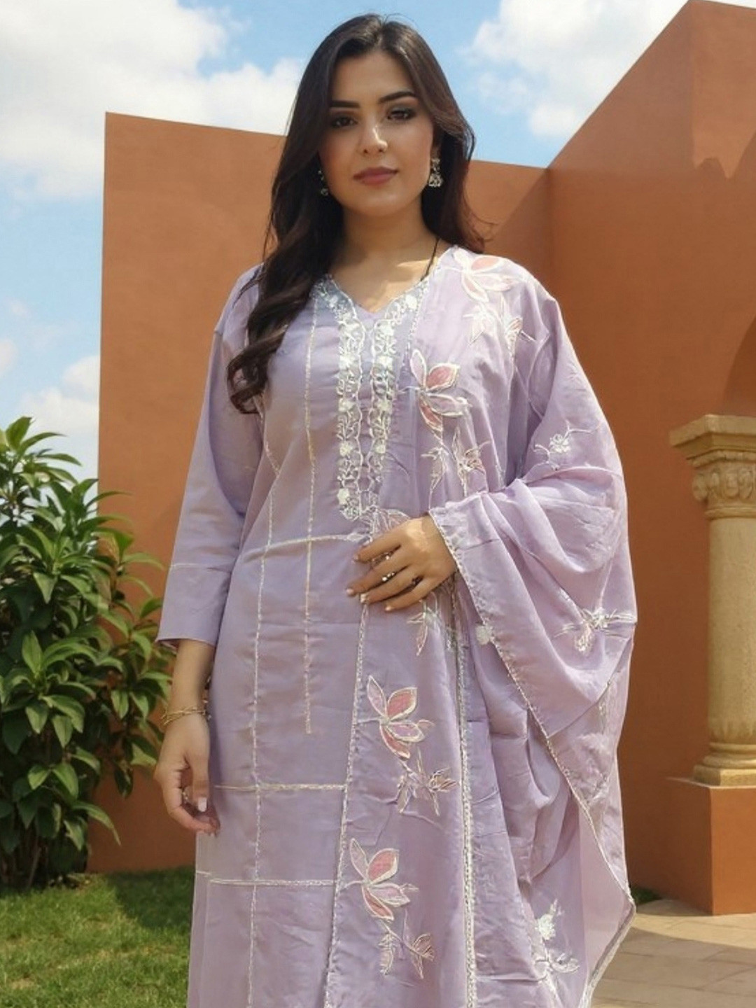 Indo Era Floral Embroidered Thread Work Pure Cotton Kurta With Trousers & Dupatta