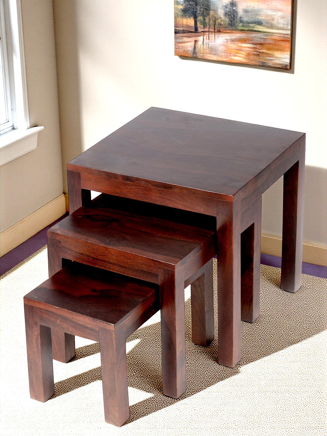 Ikiriya Oakland Sheesham Wood Contemporary Set Of 3 Nesting Tables In Dark Walnut Finish