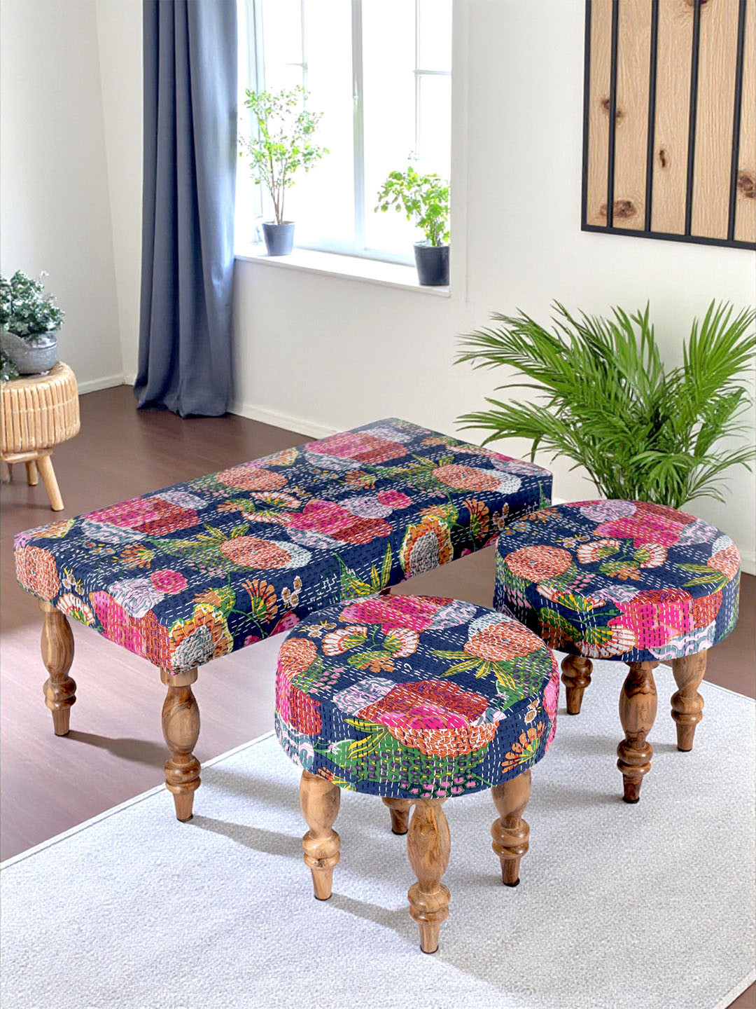 Ikiriya Rosewood 2+1+1 Seater Bench Set With 2 Stools In Fruit Print Blue Kantha