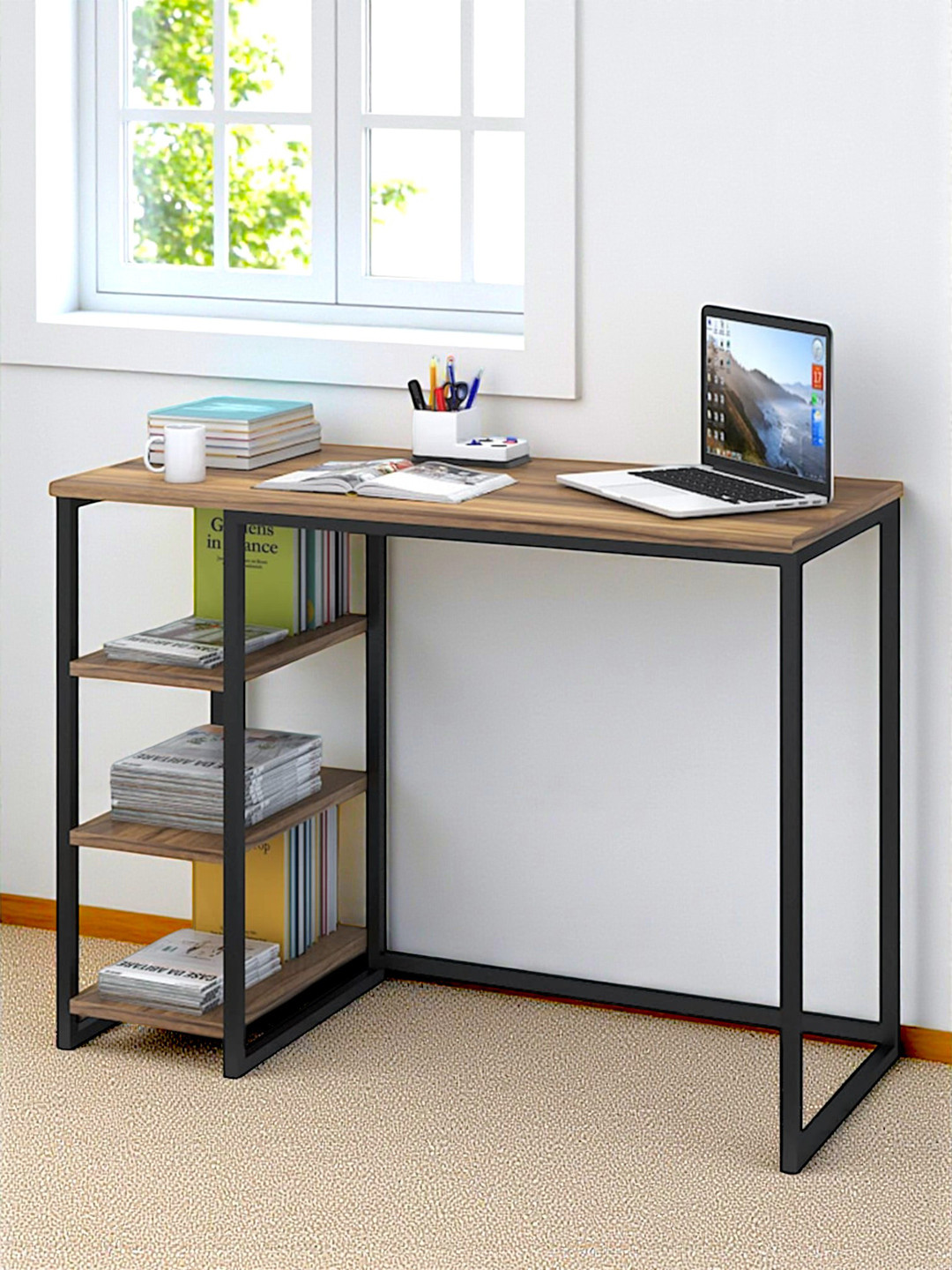 Ikiriya Sheesham Wood With Metal Frame Study Computer Table (Teak Finish)