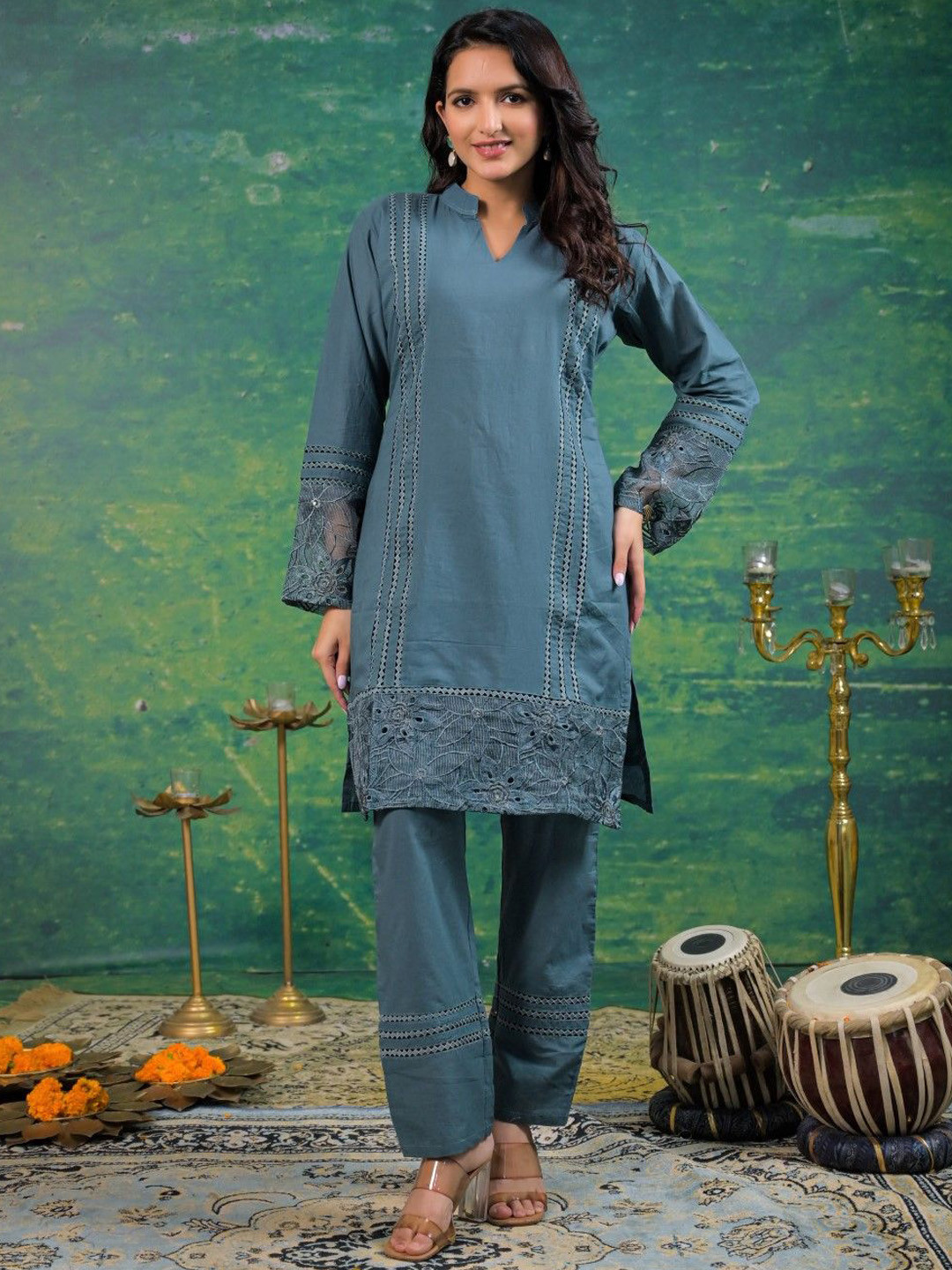 AUTUMN LANE Gaurisha Cut Work Pure Cotton Tunic With Trouser Co-Ords