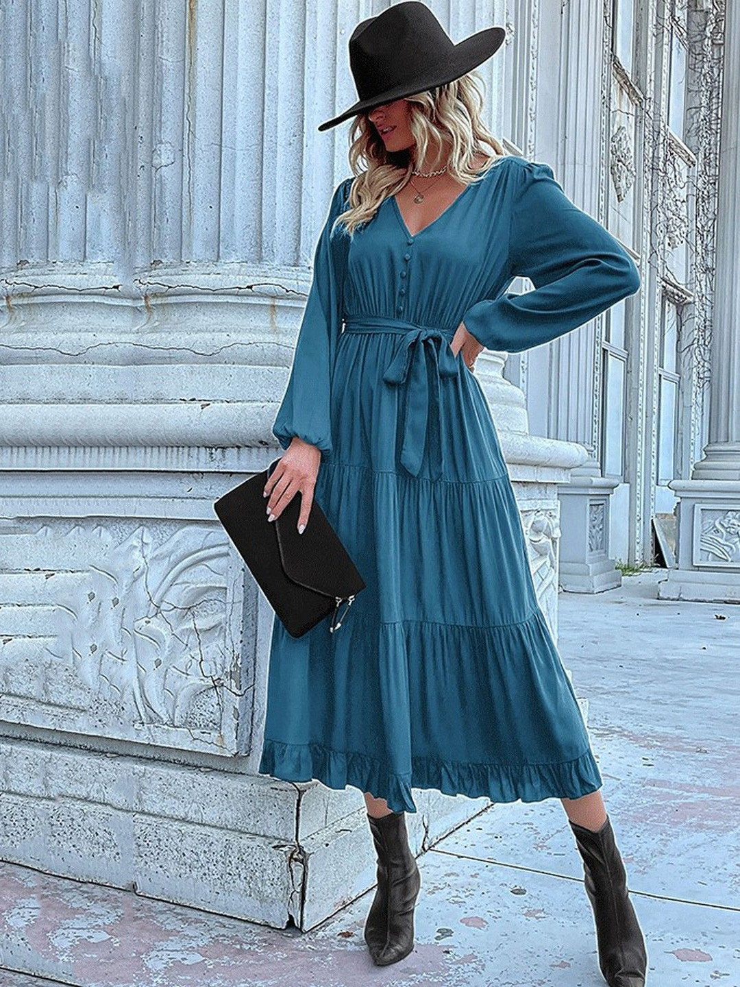StyleCast Women Long Sleeve V-Neck Ruffled Maxi Dress