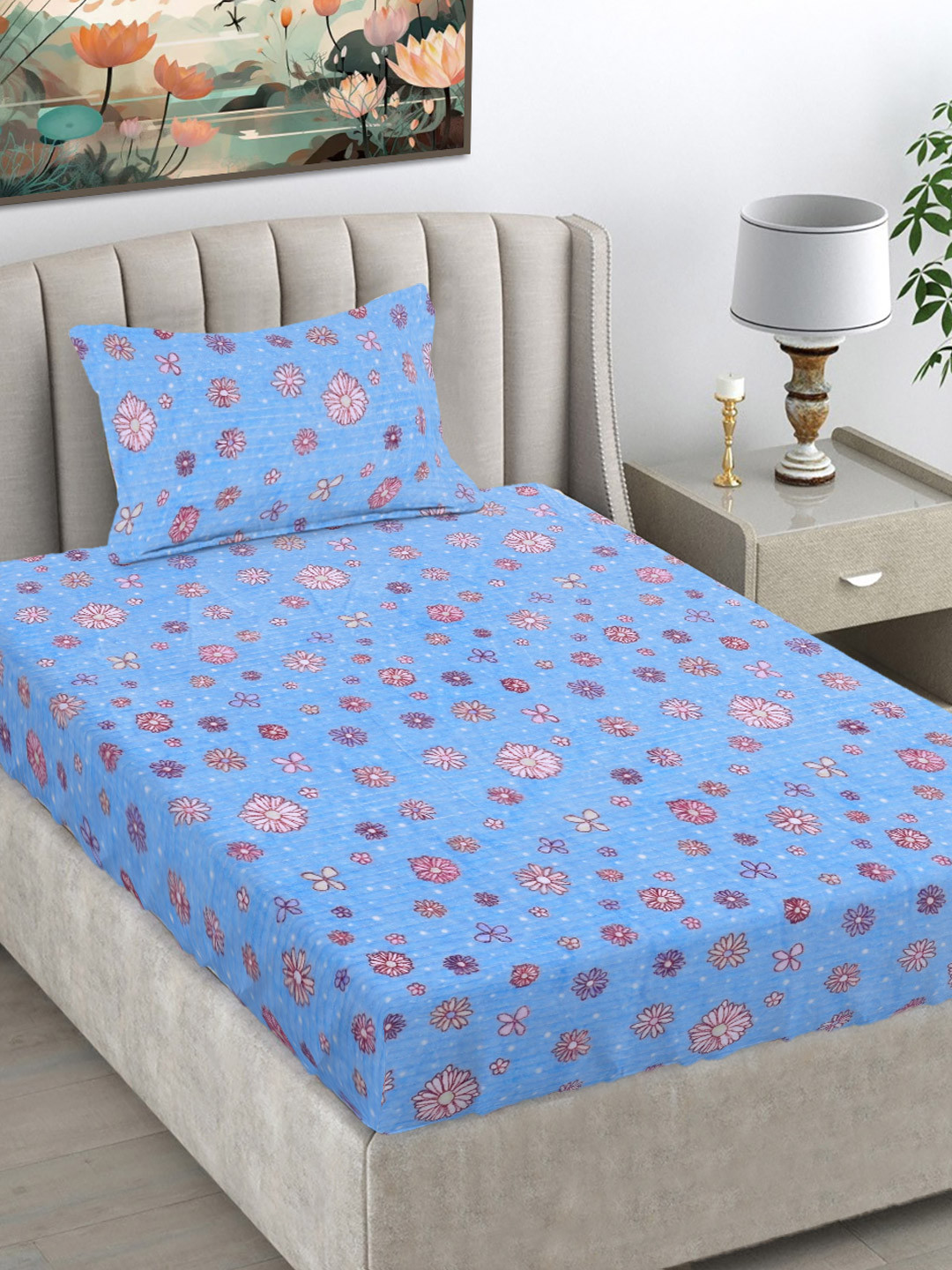 FABINALIV Blue & Pink Floral Woollen 300 TC Single Bedsheet Set-2.2mX1.50m
