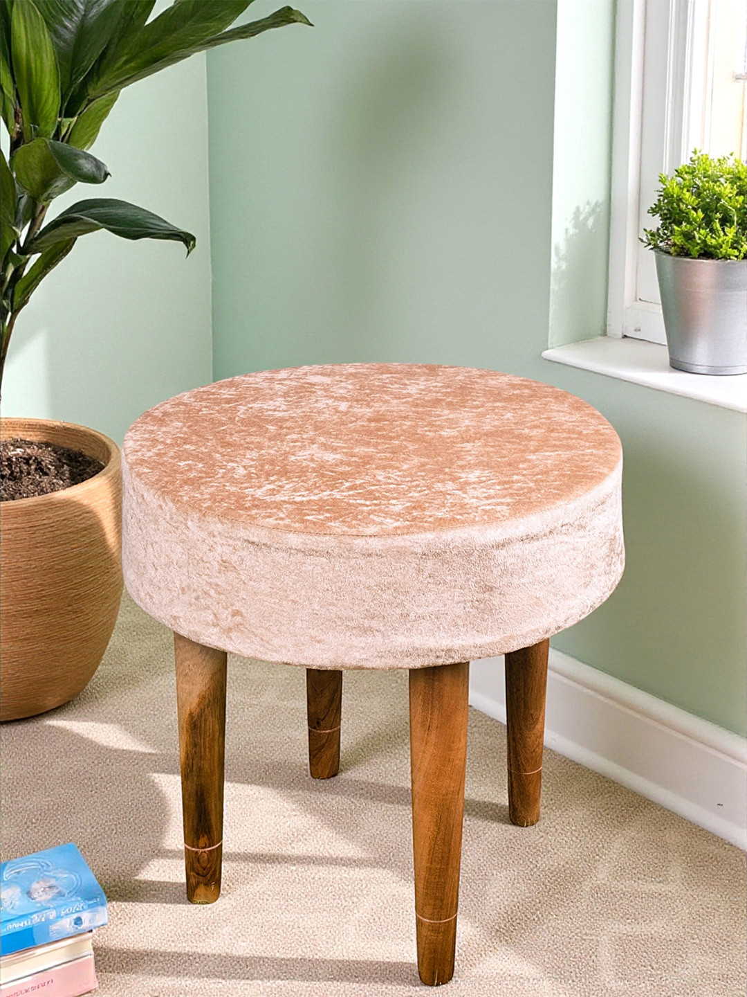 Ikiriya Nayla Sheesham Wood Contemporary Round Stool In Beige Sparkle Velvet Upholstery