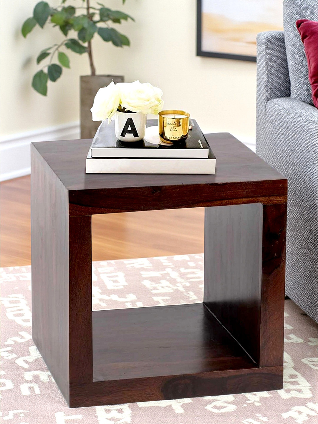 Ikiriya Sheesham Wood Contemporary Rectangle End Table/ Side Table In Dark Walnut Finish
