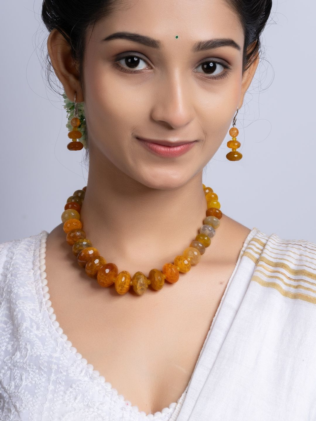 Look and Adorn Orange Onyx Necklace With Earrings