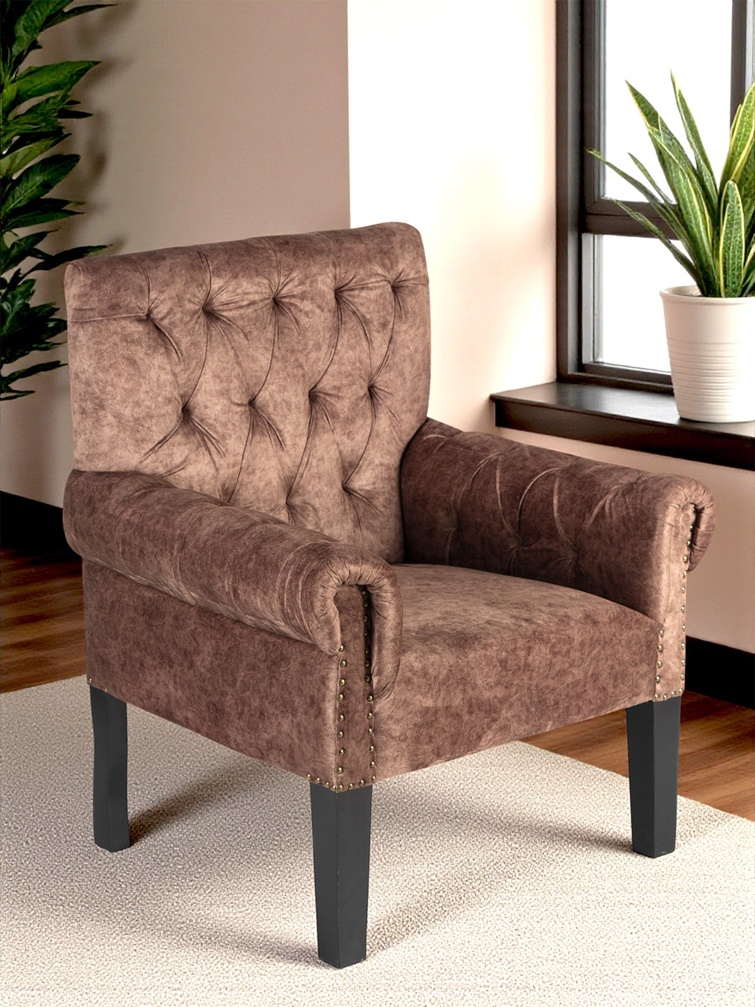 Ikiriya Sheesham Wood Mid Century Lounge Chair In Saddle Brown Suede Fabric Upholstery