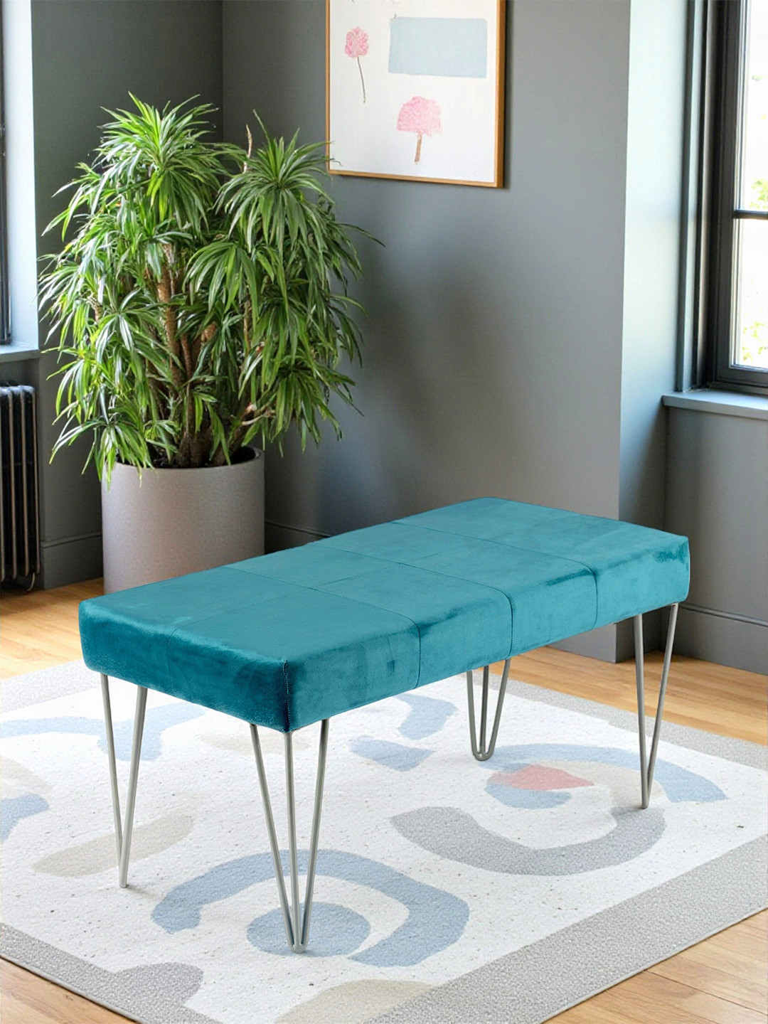 Ikiriya Velas Sheesham Wood Accent 2 Seater Bench With Metal Legs In Turquoise Sea Velvet