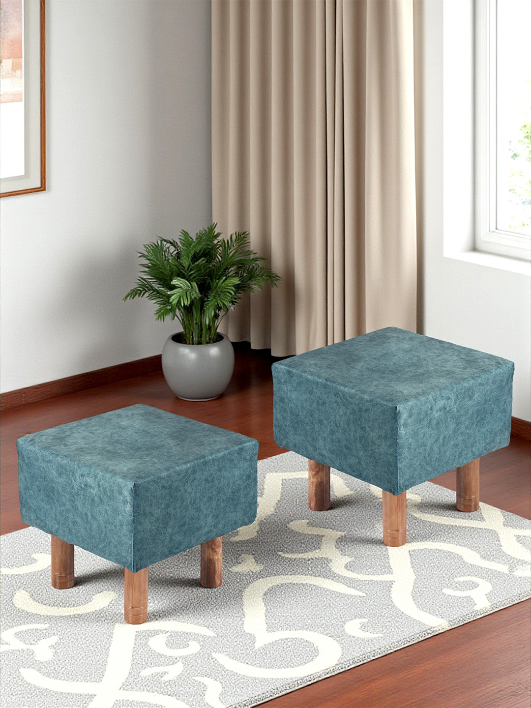 Ikiriya Acacia Wood Accent Square Set Of 2 Pouf Stools In Blue Jacquard Fabric Upholstery