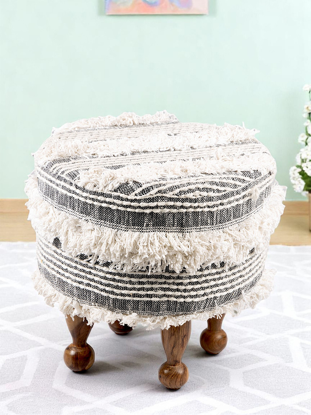 Ikiriya Acacia Wood Mid Century Round Pouf Stool In Grey Fabric With Fringes Upholstery
